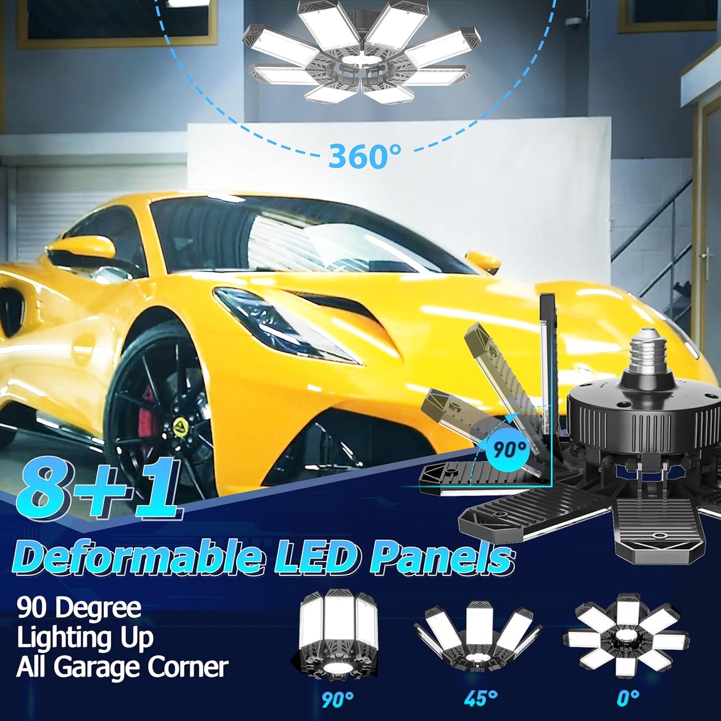 ISKYDRAW LED Garage Lights 2 Pack, 260W 26000LM Bright Shop Light with 8+1 Deformable Panels, 6500K Garage Ceiling Light Screw Into E26 E27 Bulb Socket Bay Lighting for Workshop Basement Barn Attic