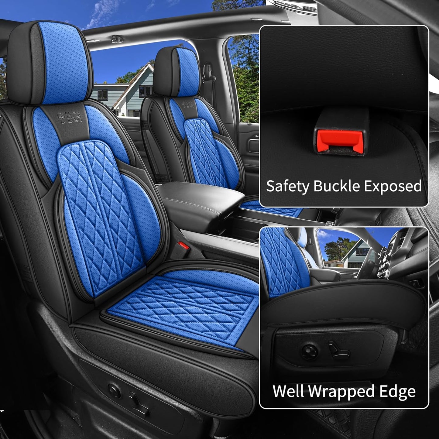 Car Seat Cover Custom Fit for Dodge Ram 1500 2500 3500 2002-2024 Faux Leather Seat Cover Set Compatible with Crew Quad Regular Cab Pickup Truck Cushions (Black & Blue, Full Set, Curved Rear)