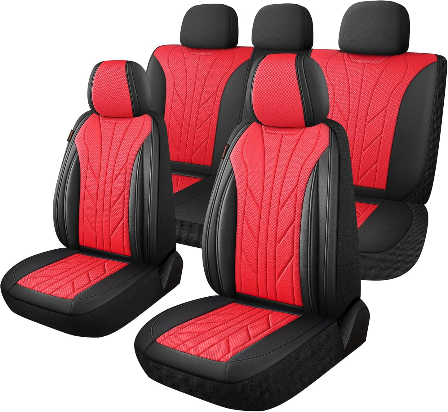 CAROMOP Luxury Faux Leather&Fabric Car Seat Covers Full Set with Breathable 3D Foam Back Support,Universal Comfortable Seat Covers for Cars,Trucks,SUVs, Front Armrests Compatible(5-Seat Black/Red)