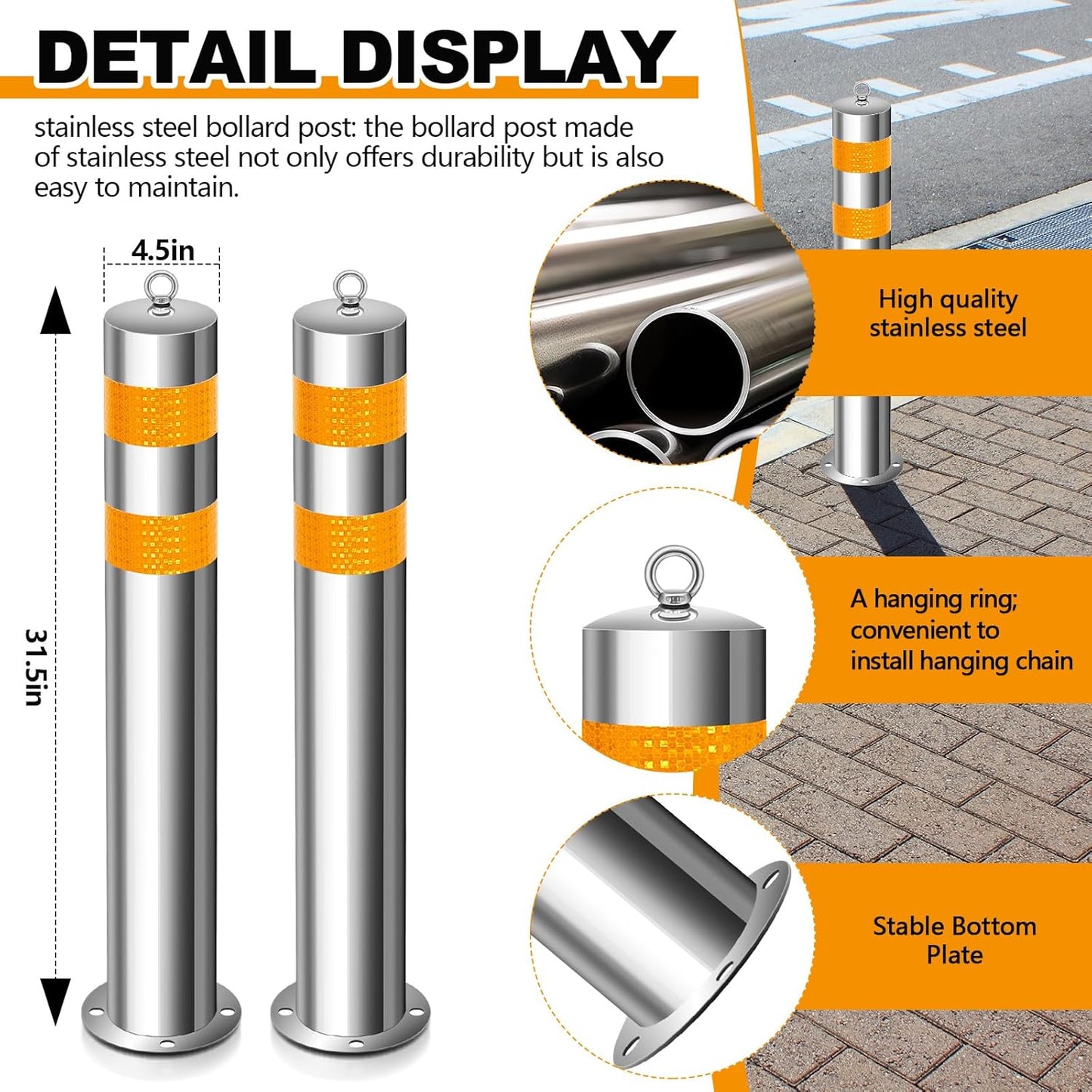 31.5 Inch Stainless Steel Bollard Post with Anchor Bolts Parking Barrier Block Safety Bollard Covers with Reflective Strips and Hanging Ring for Parking Lots Driveways Garage Pathways(2 Pcs)