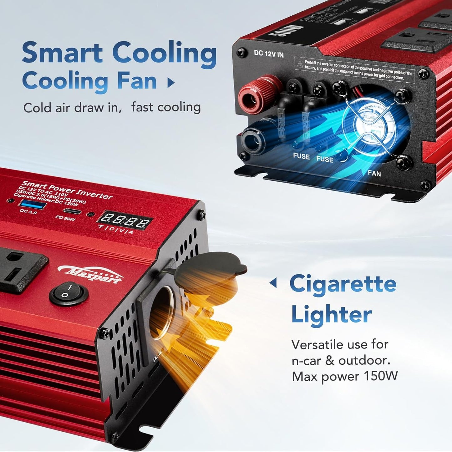 500W Power Inverter, Car/Light Truck 12V DC to 110V AC Converter USB and 3.0A USB and Type-C Ports Car Charger Inverter with Cigarette Lighter Ports for Smartphones Laptops Tablets