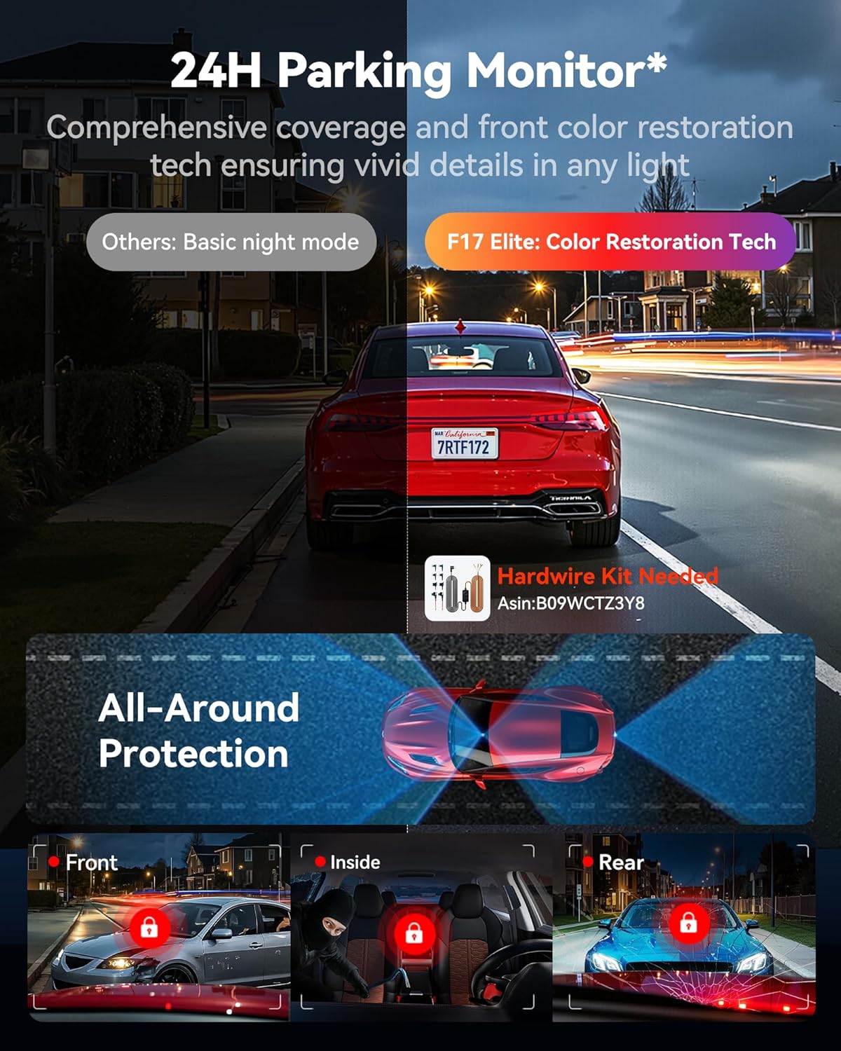 REDTIGER F17 Elite 4K 3 Channel Dash Cam, STARVIS 2 IMX678 & IMX675, 128GB Card, Full Night Color, 4K+2.5K+1080P Front and Rear Inside, Touch Screen, Voice Control, 5GHz WiFi 6, GPS, HDR, Parking Mode