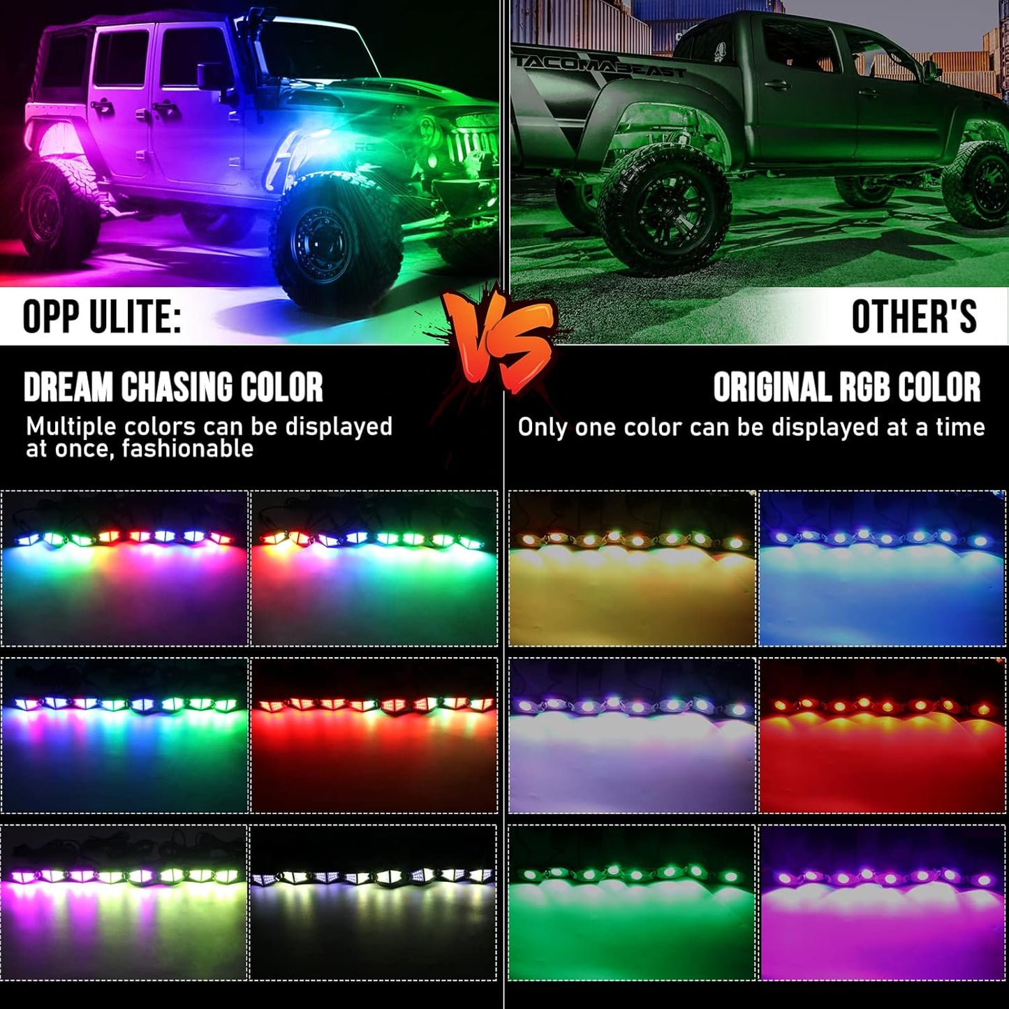 OPP ULITE Dream Chasing Color Led Rock Lights, 210° Luminous RGB & Pure White, Smartphone APP & RF Remote Control RGBW Underglow Interior Light for Jeep Truck SUV Car JK UTV ATV RZR Offroad Boat, 8Pod