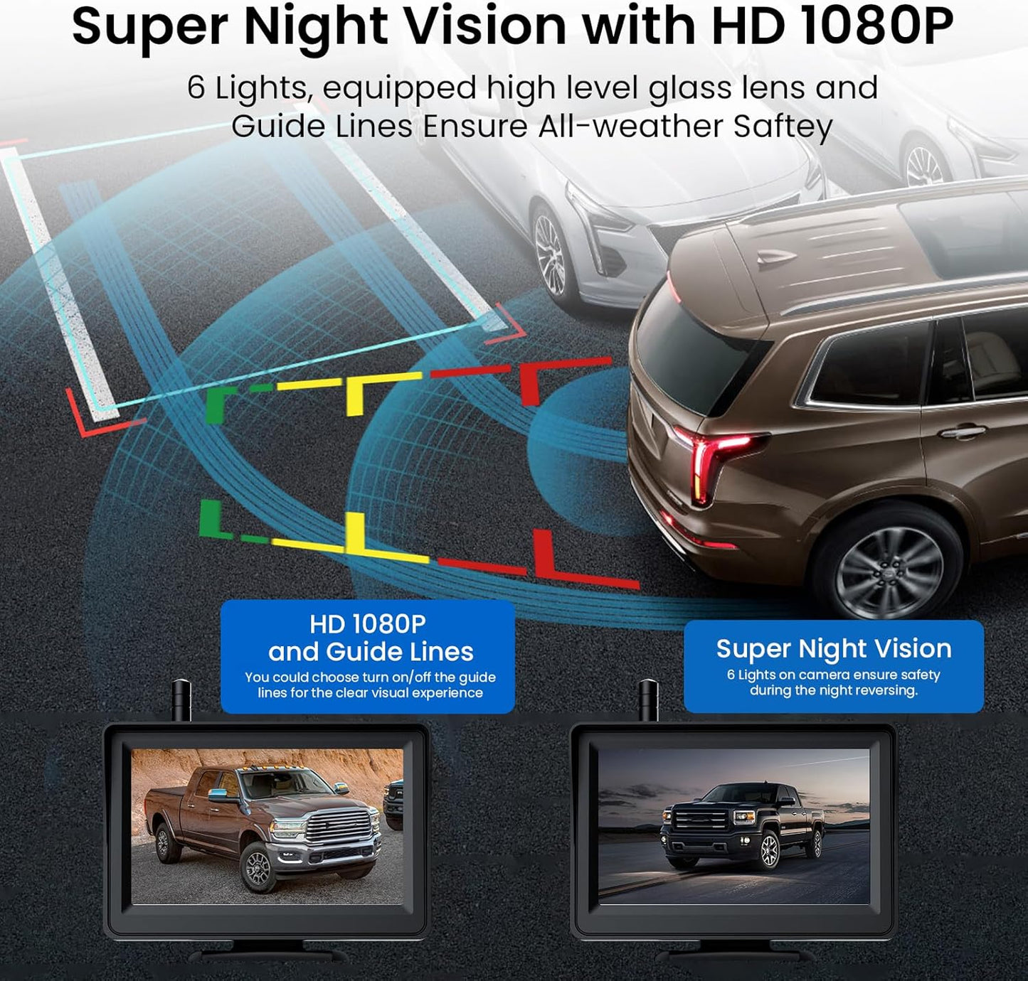 Wireless Backup Camera, 5'' HD 1080P Backup Camera for Car, Reverse Rear Camera with Night Version 130° Wide Angle, Waterproof, Strong Signal for Car, Van, Truck, Trailer