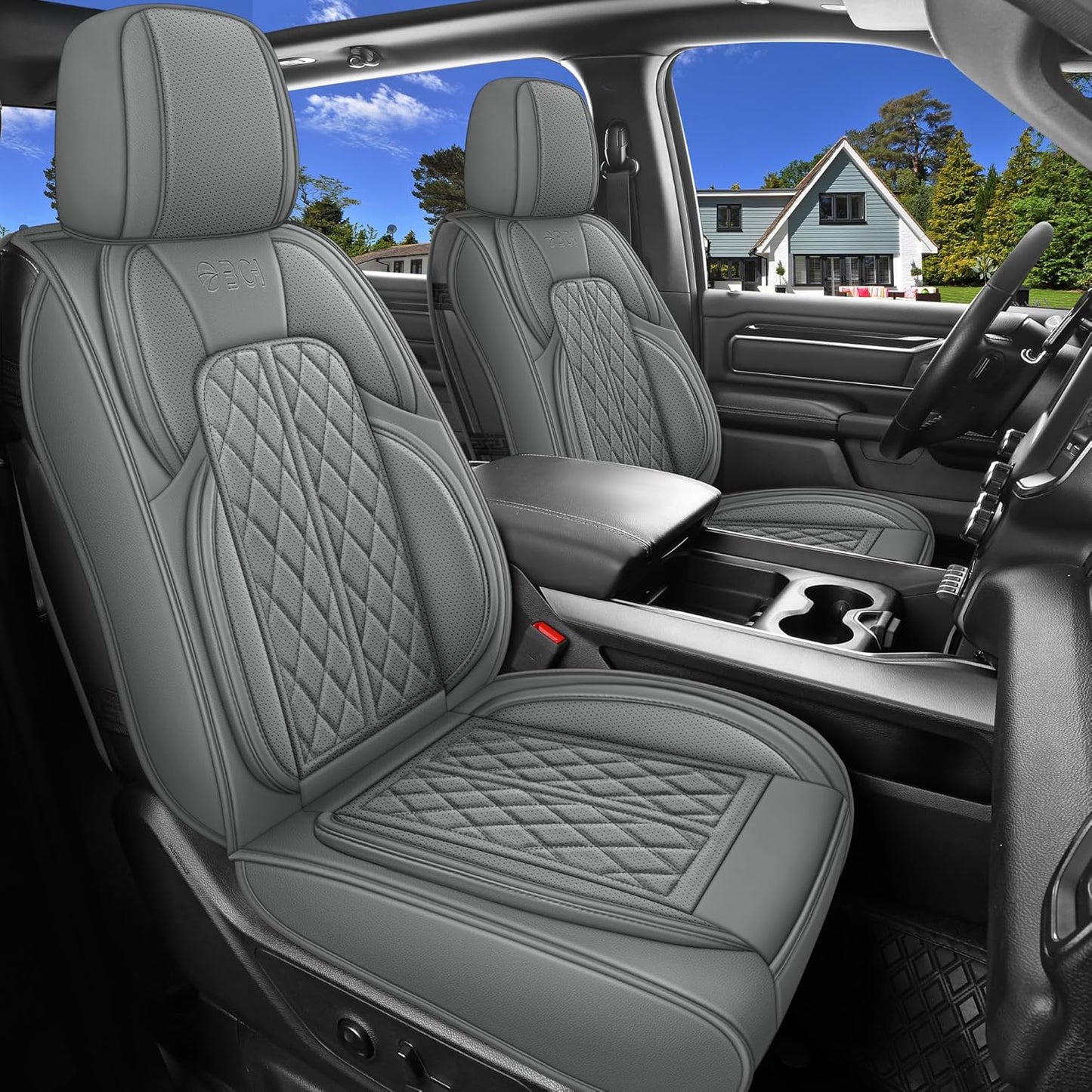 Car Seat Cover Custom Fit for Dodge Ram 1500 2500 3500 2002-2024 Faux Leather Seat Cover Set Compatible with Crew Quad Regular Cab Pickup Truck Cushions (Grey, Full Set, Flat Rear)