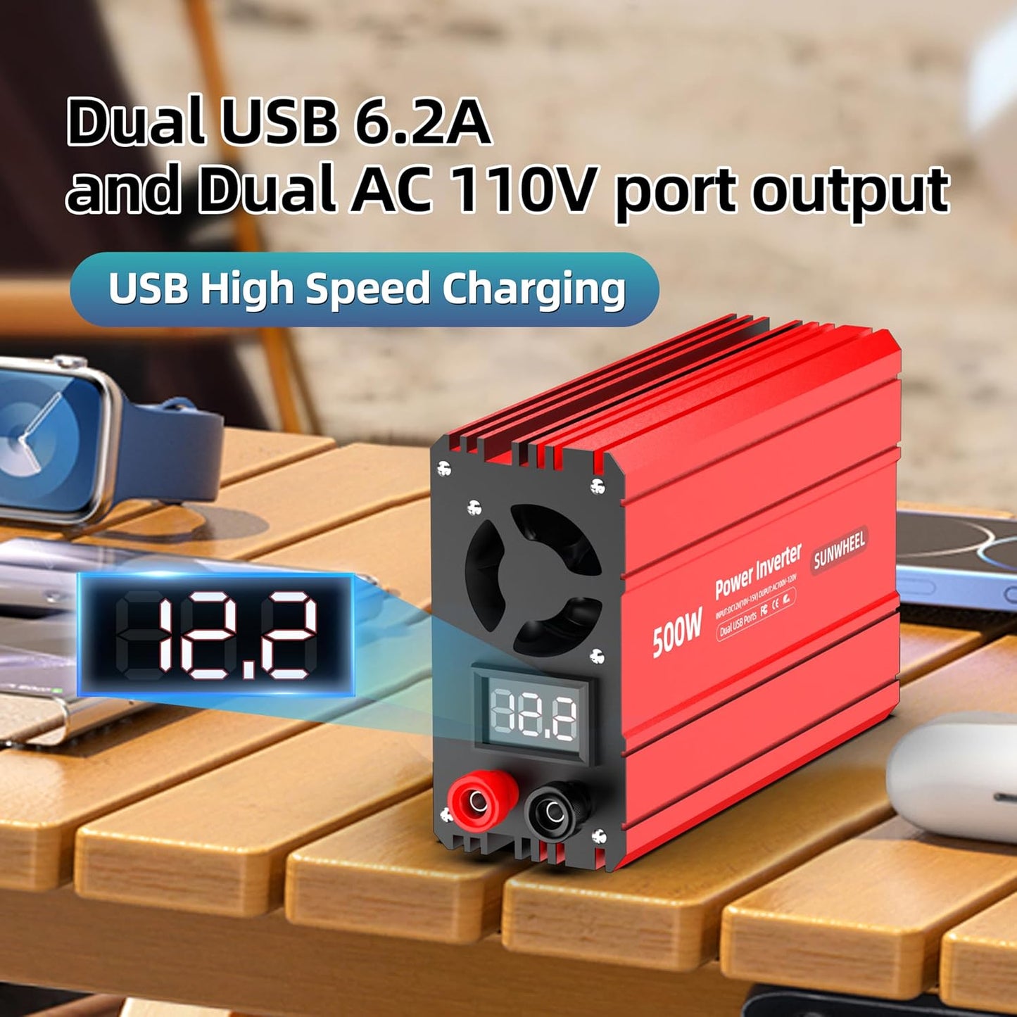 SUNWHEEL 500W Power Inverter DC 12V to 110V AC Car Inverter with 2 x 3.1A USB Ports and Dual AC Outlet, Equipped with 1 Cigarette Lighter and 2 Battery Clamps for Road Trip and Camping