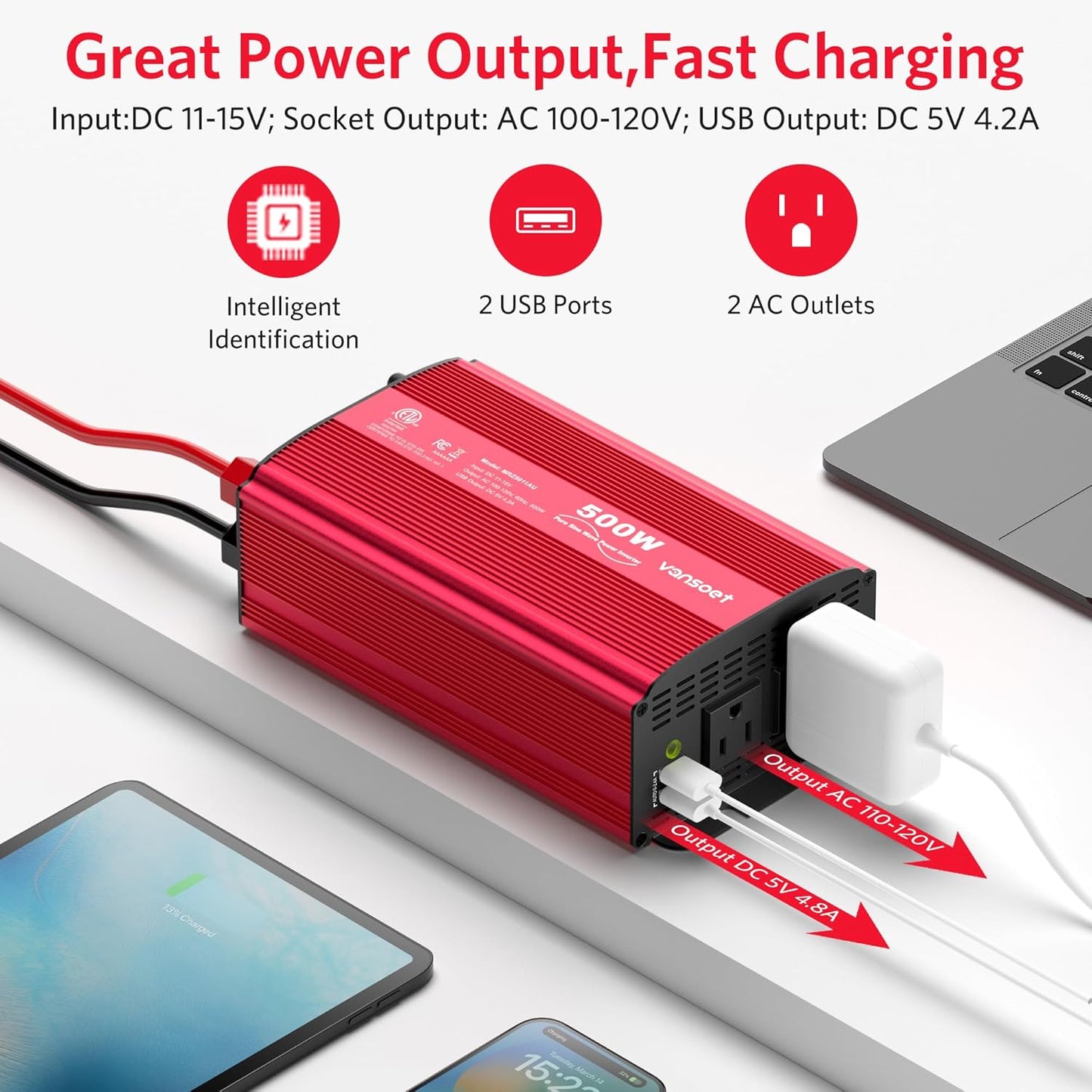 500W Pure Sine Wave Power Inverter, DC 12V to 110V AC Car Plug Inverter Adapter with 4.2A Dual USB Charging Ports and 2 AC Outlets Car Charger (Red)