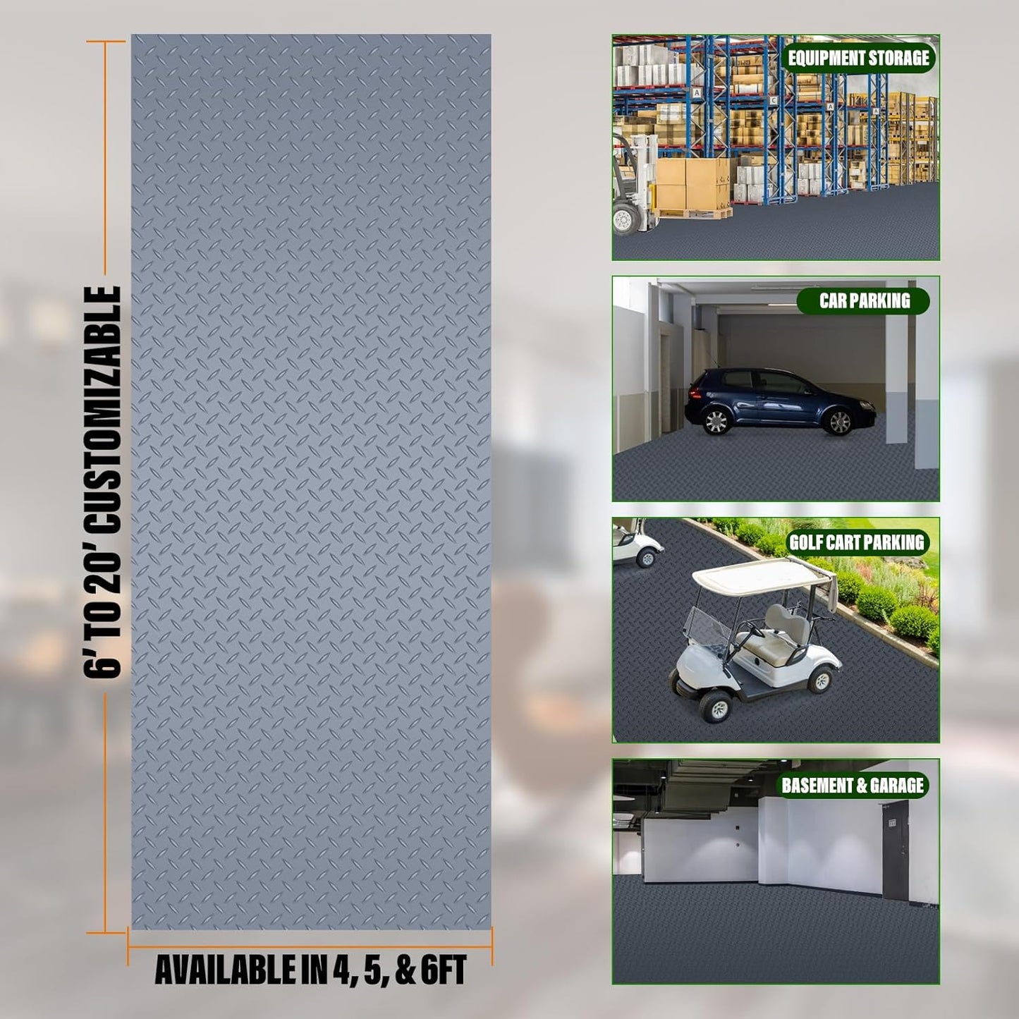 SEAL 6 x 10 Ft Premium Garage Floor Mat, Solid 2.8mm Thick Gray Commercial Grade Heavy Duty Parking Mat for Garage Floor, Golf Cart Parking, Water/Stain Resistant Floor Runner (Embossed Diamond Plate)