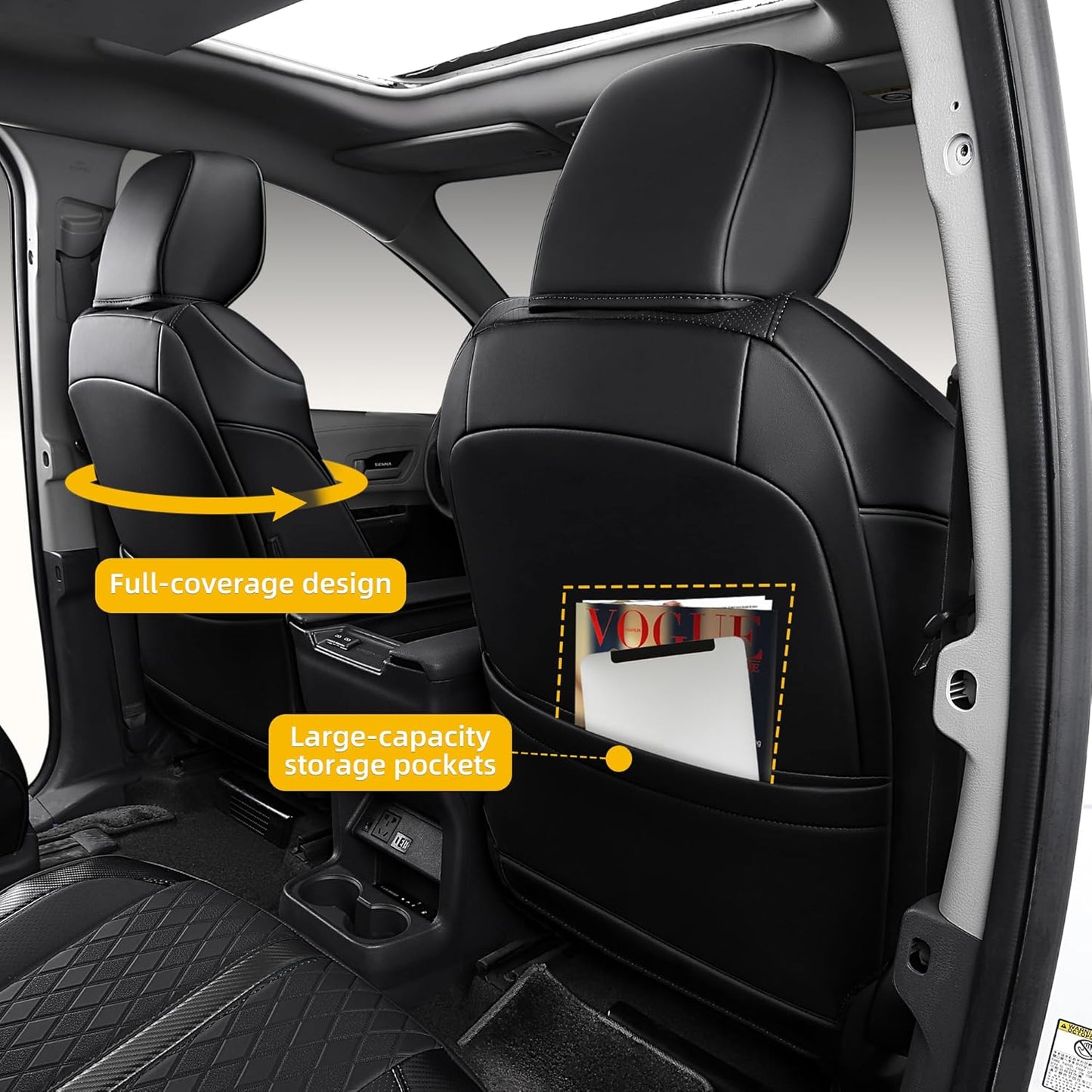Custom Fit Sienna Seat Covers for Toyota Sienna LE,XLE 2021-2025 3-Row Accessories Full Coverage Waterproof Leather Car Seat Covers Full Set (Black, 8-Seat)