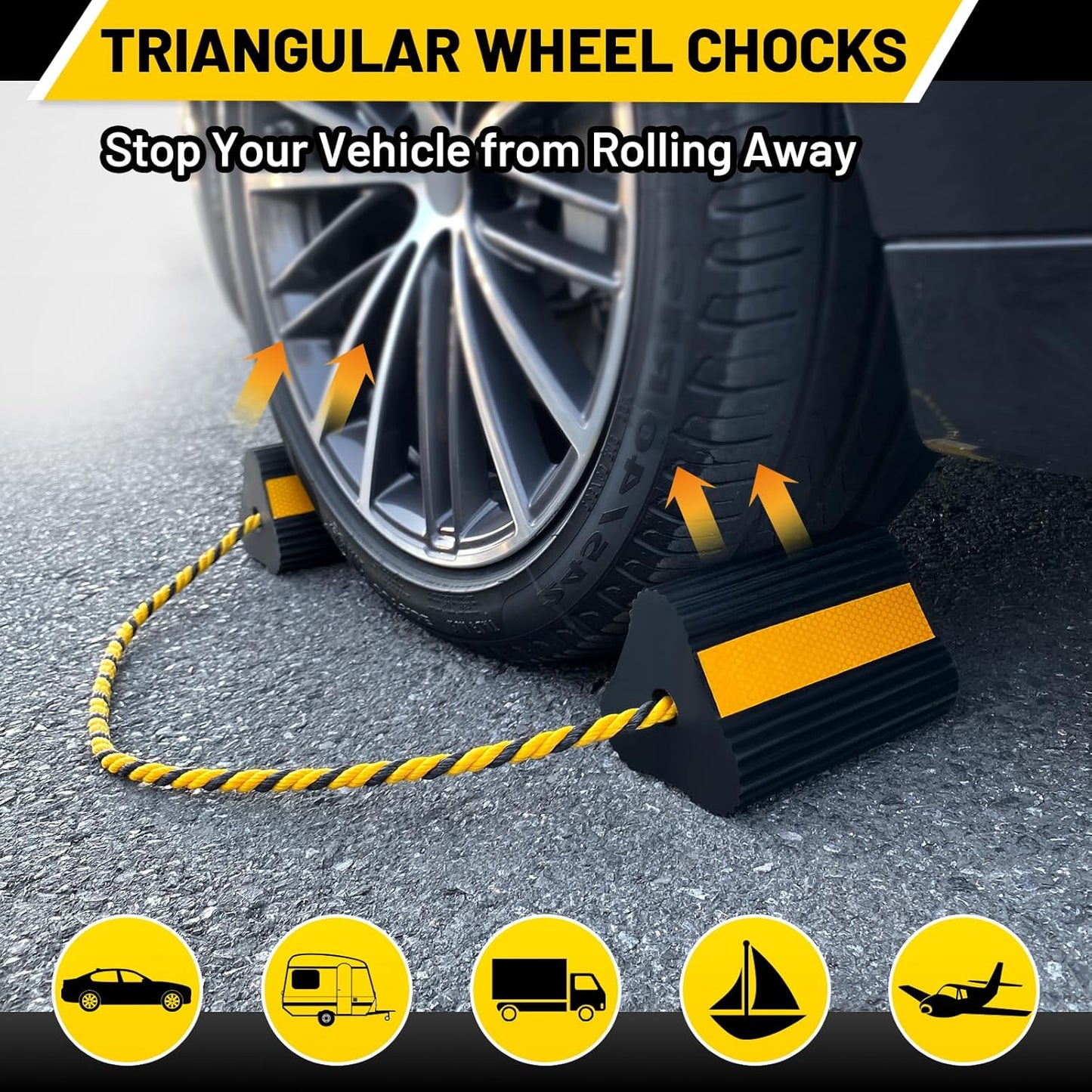 ROBLOCK Wheel Chocks (2pair/4pack with Rope) for RV Trailer Camper Truck Car Aircraft, Versatile Heavy Duty Rubber Wheel Chocks Block with 3 Reflective Strips, Tire Wheel Immobilizers & Chocks