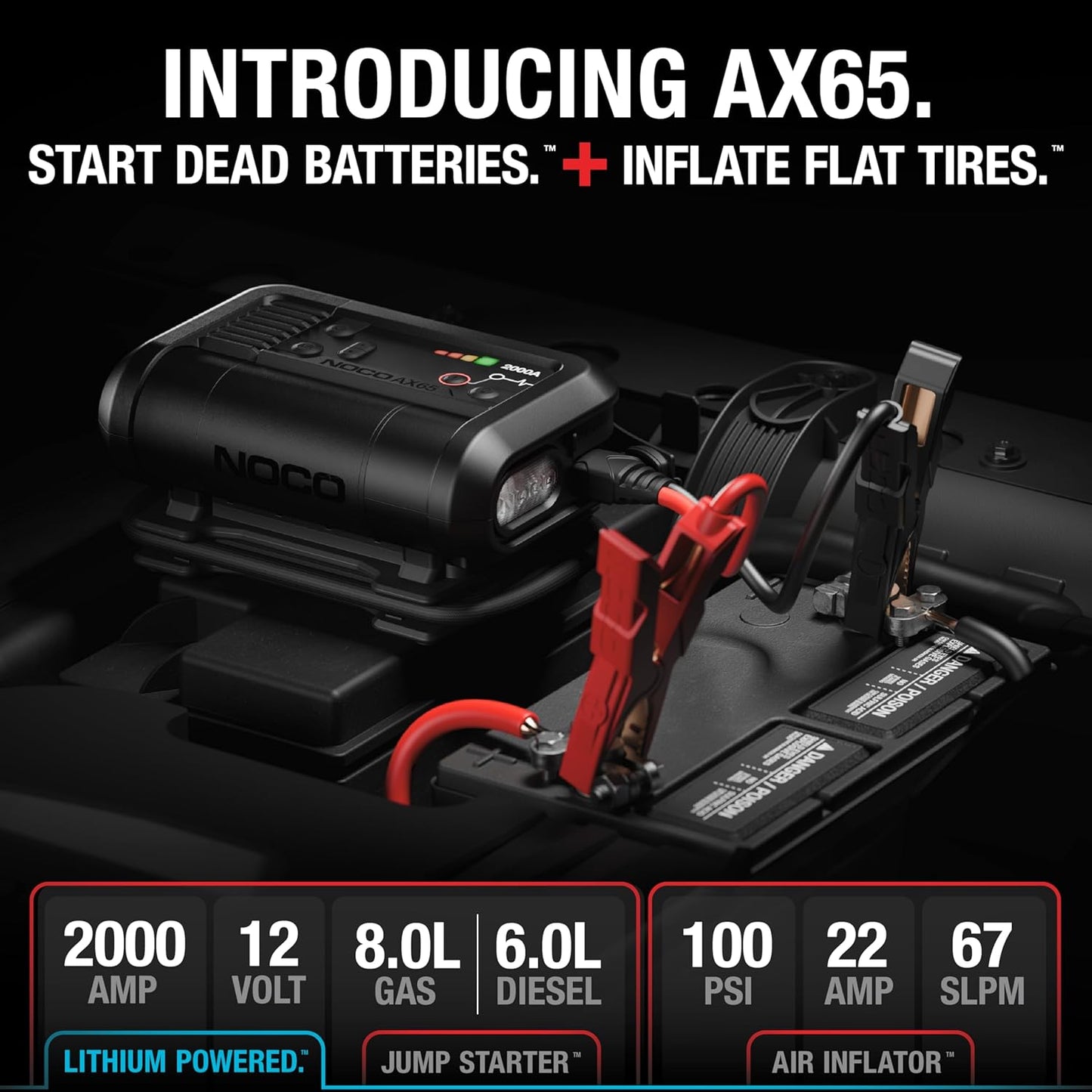 NOCO Boost Air AX65: 2000A Jump Starter with Air Compressor Tire Inflator – Starts 8.0L Gas & 6.0L Diesel – 67 SLPM Airflow Inflates 0–40 PSI in 2 Minutes