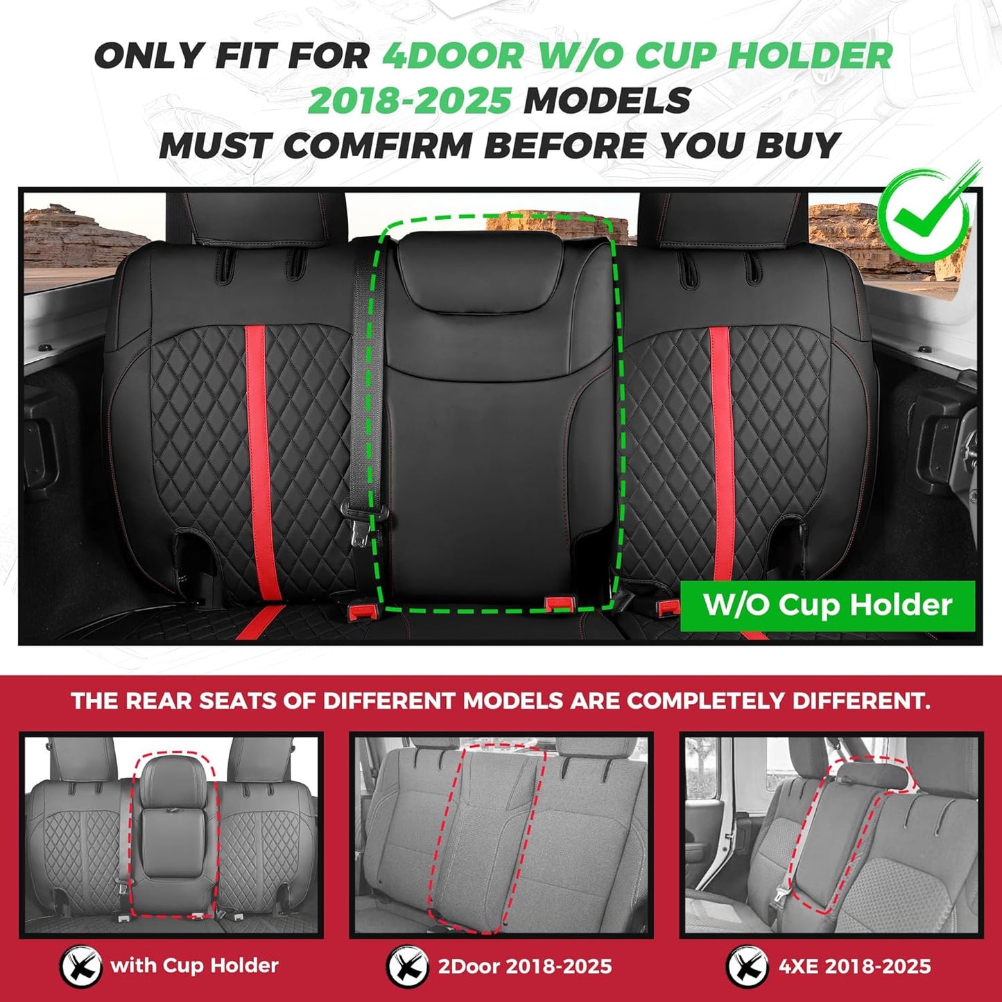 for Jeep Wrangler Seat Covers 4Door JL 2018 2019 2020 2021 2022 2023 2024 2025, Custom Car Seat Cover Full Set, Luxury Waterproof Leather Seat Protectors, Black Red Trim, W/O Rear Cup Holder