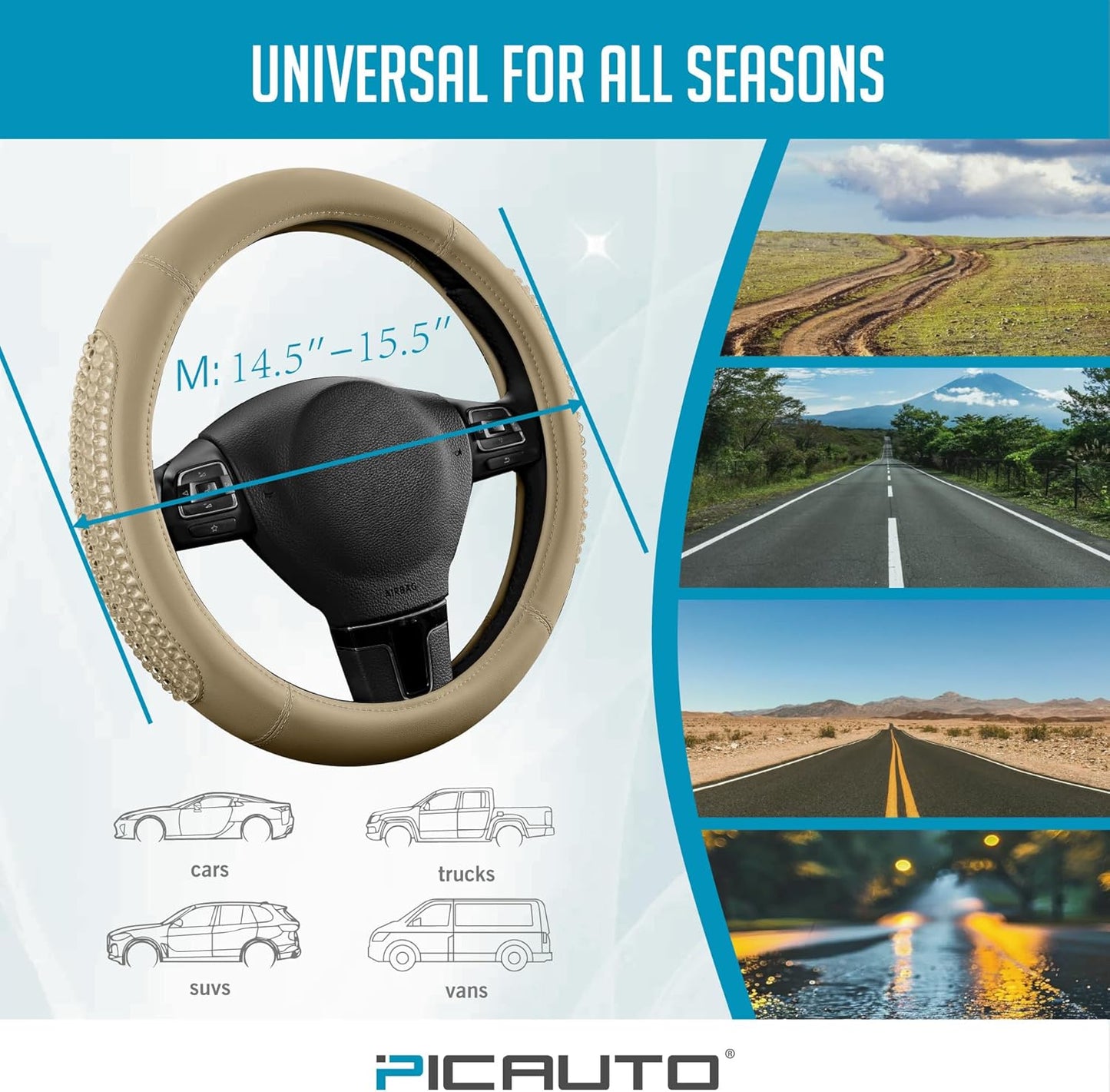 PIC AUTO Gel Particles Steering Wheel Cover, Beige Luxury Leather Car Steering Wheel Protector, Universal Fit 14.5"-15.5" Anti-Slip Car Interior Accessories for Girls & Women