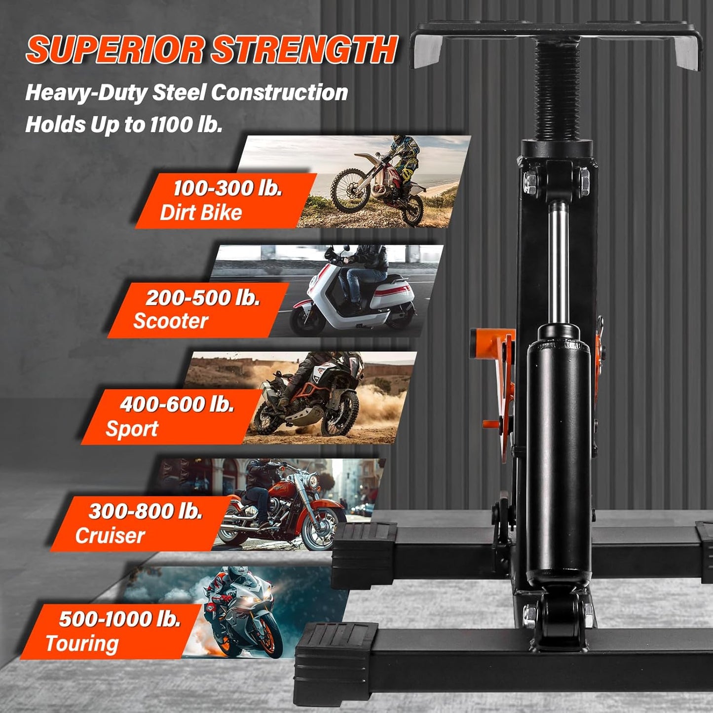 Adjustable Dirt Bike Stand & Powersport Jack 1000LBS Capacity, Heavy Duty Hydraulic Motorcycle Lift Stand & Center Stand for Maintenance, Dirt Bike Accessories for Garage & Shop (New-Orange)