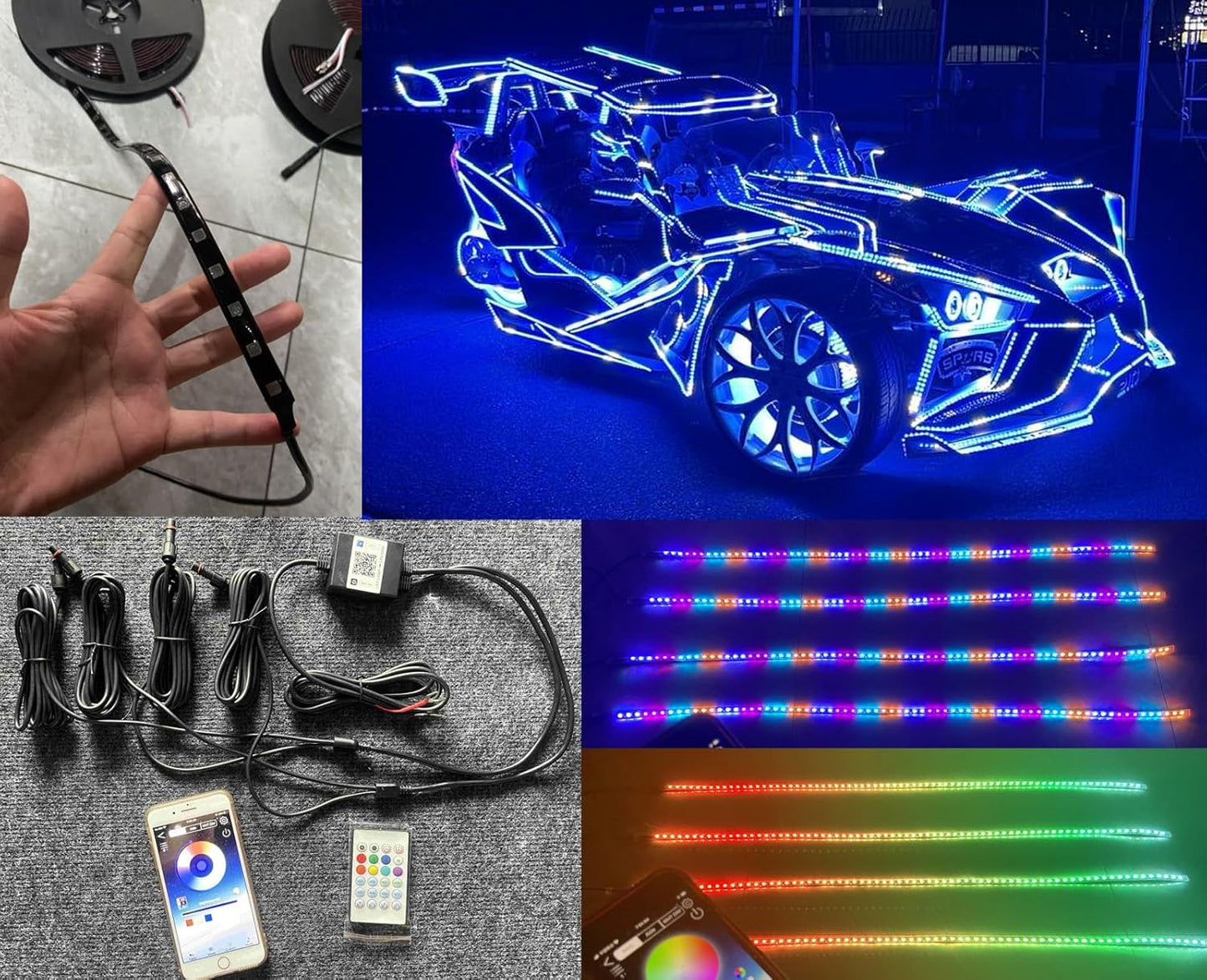 Black Out Full Tinted Smoked LEDs x4PCS 3FT 90CM 36INCH RGB Dream Color Chasing IP65 Light Strips for Car Truck Slingshot Golf Cart Bluetooth + Remote Durable Set