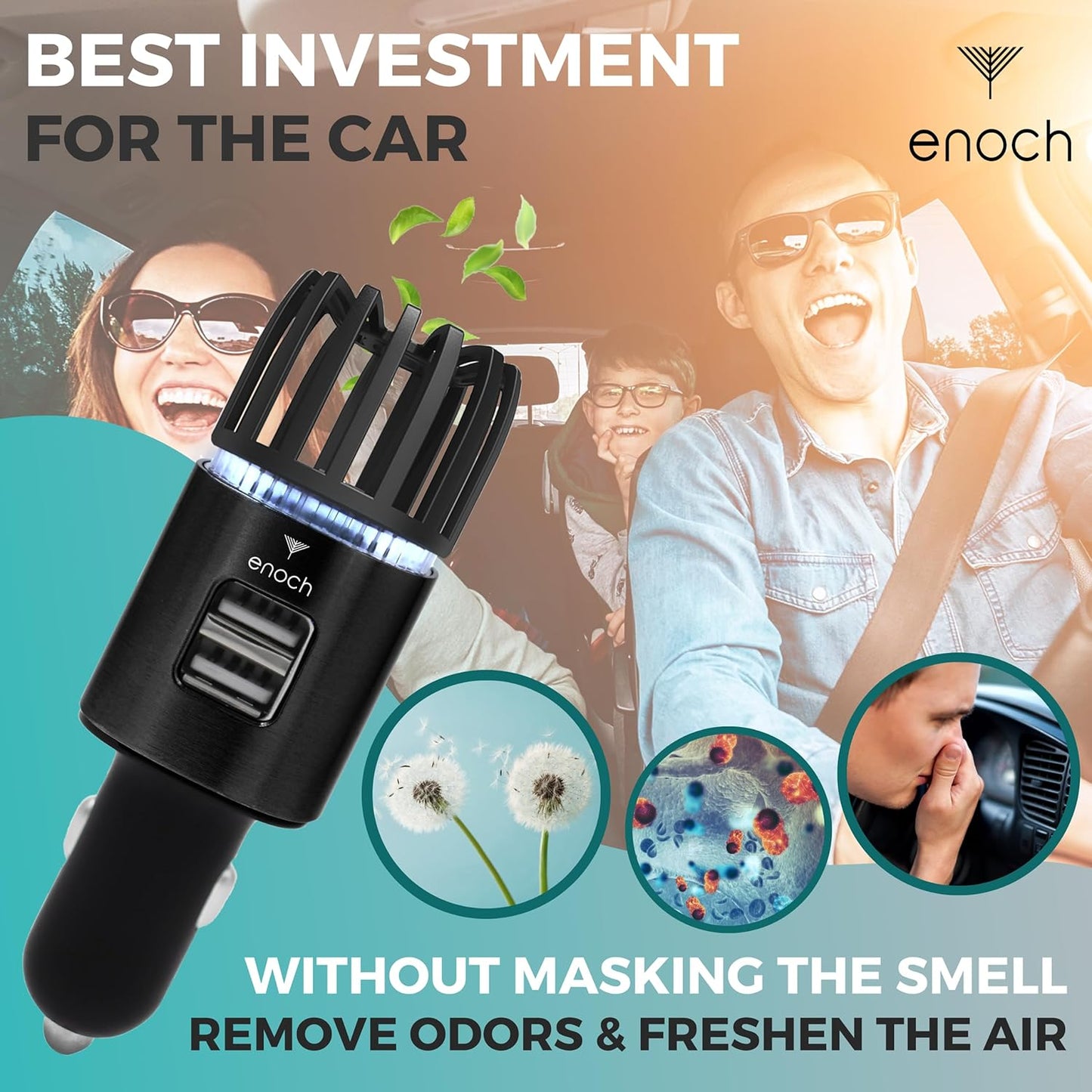 Enoch Car Air Purifier Premium Air Ionizer - 12V Plug-In Ionic Ozone Deodorizer Accessory with Dual USB Car Charger - Eliminates Cigarette Smoke, Pet and Food Odors, Dust (Black)