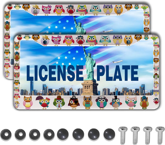 License Plate Frames for Women Multicolor License Plate Frame for Men Cute Owl Universal Aluminum Car Accessory 2 Pack with Screw Covers Set