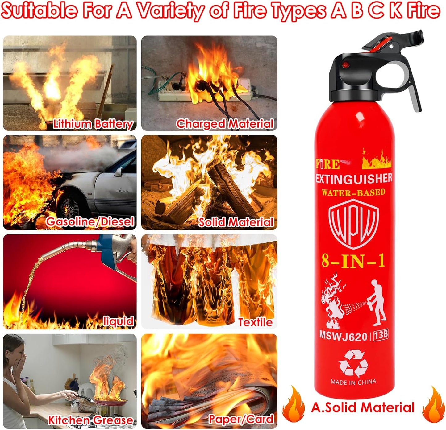 WPW 620ml Large Upgraded 8-in-1 Fire Extinguisher for Home with Wall Mount Portable Fire Extinguisher For Vehicle Car Boat Kitchen Emergency Supplies, Water-Based Solution For A, B, C, K Fire (3 Pack)