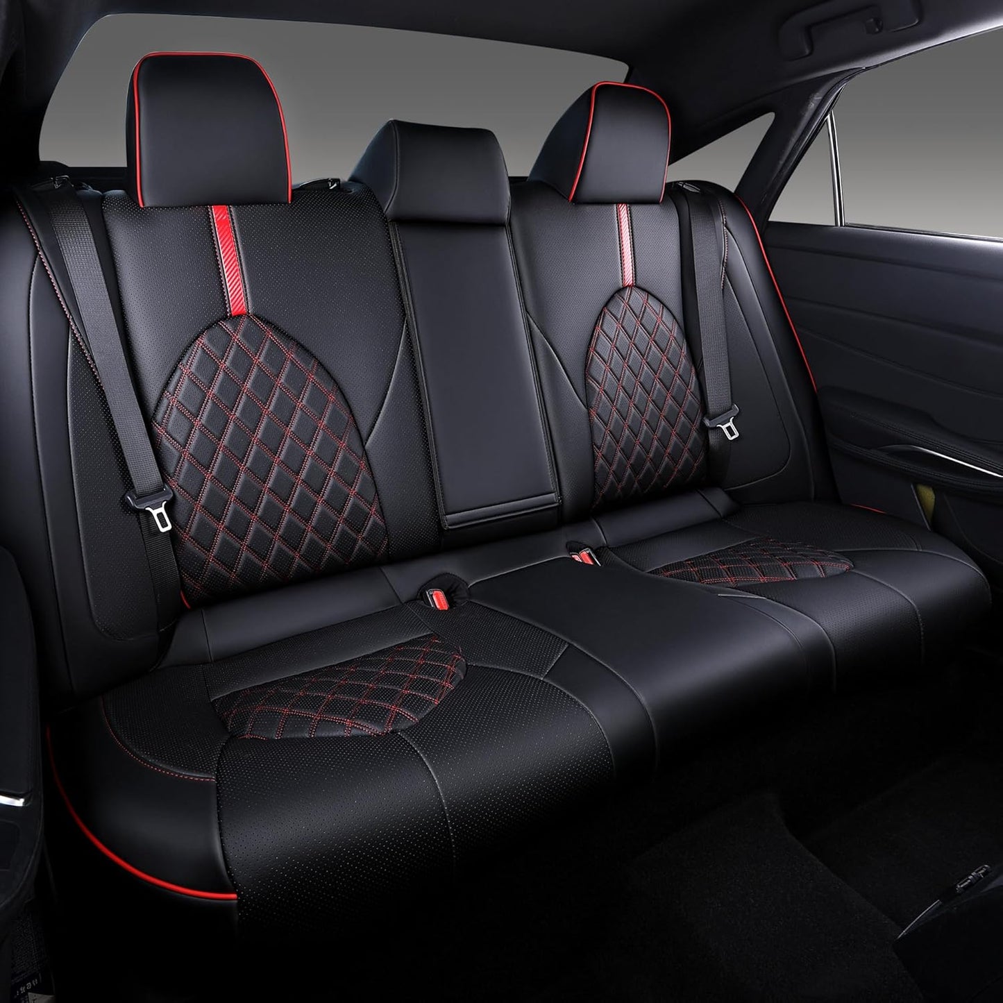 Custom Fit Camry Seat Covers for Toyota Camry LE,SE,SE Nightshade 2018-2024 Full Coverage Waterproof Breathable Leather Car Seat Covers Full Set(Black with Red Trim)