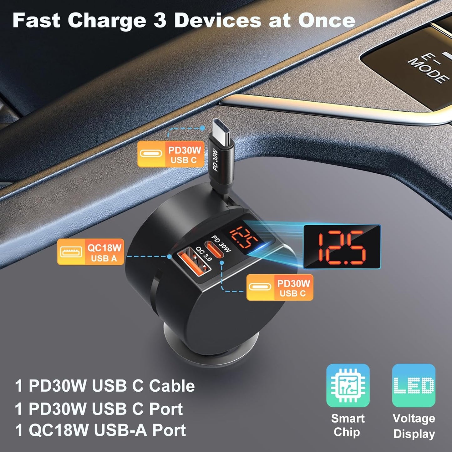 Retractable Car Charger USB C, OKRAY 78W 3-Port 12v Cigarette Lighter Adapter PD30W Fast Charging Type C Car Phone Charger & Coiled USB C Cable for iPhone 16 15 Pro, Samsung Galaxy S25 S24 A16, 2Pack