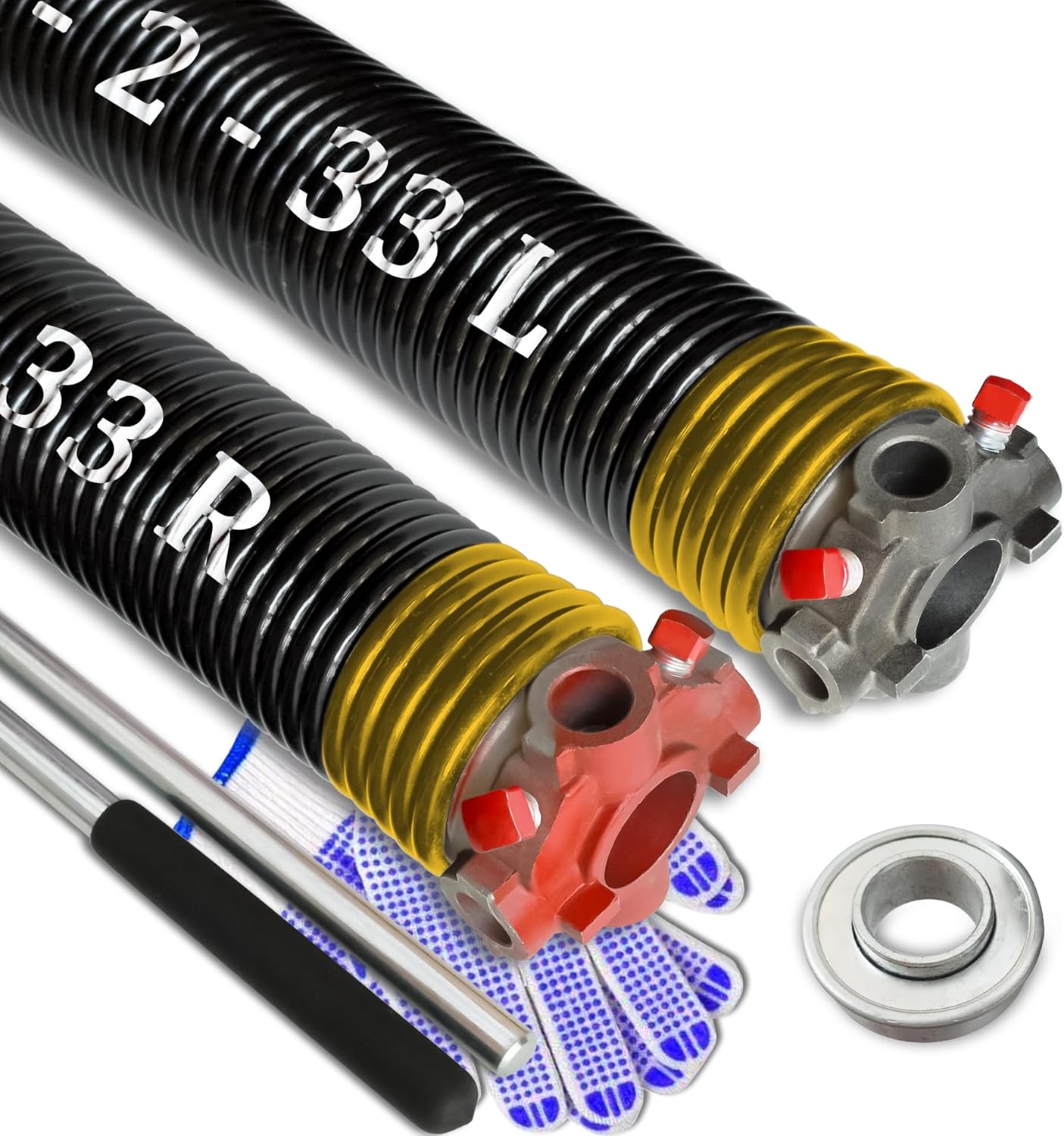 Garage Door Torsion Spring Set, Pair of 2" Electrophoresis Coated Garage Door Spring Replacement with 2 Non-Slip Winding Bars and Bearing, Minimum 16000 Cycles (.250x2x33")