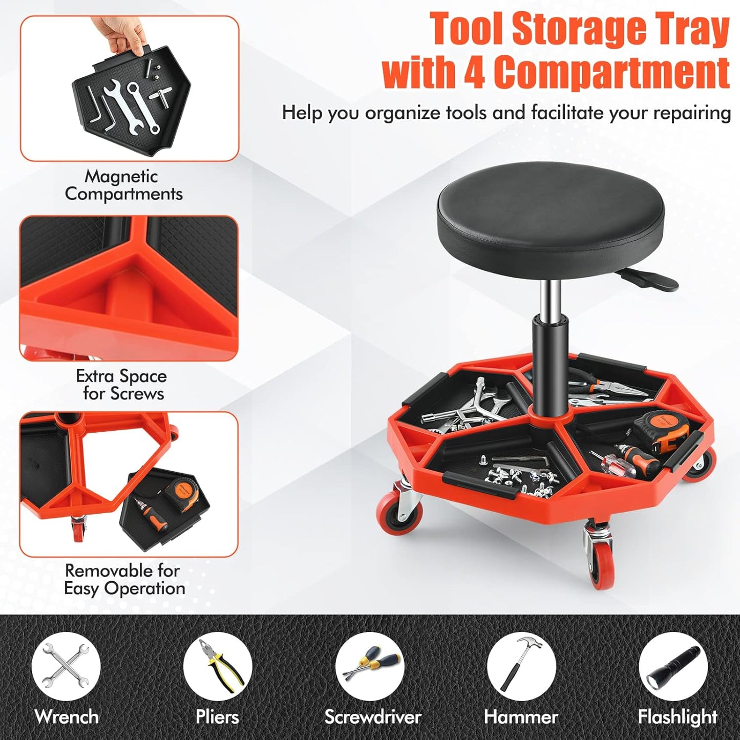Adjustable Mechanic Rolling Stool, Pneumatic Rolling Stool with Wheels, Tool Storage Tray & Padded Seat Cushion, Garage Stool Chairs Creeper Seat (Red)