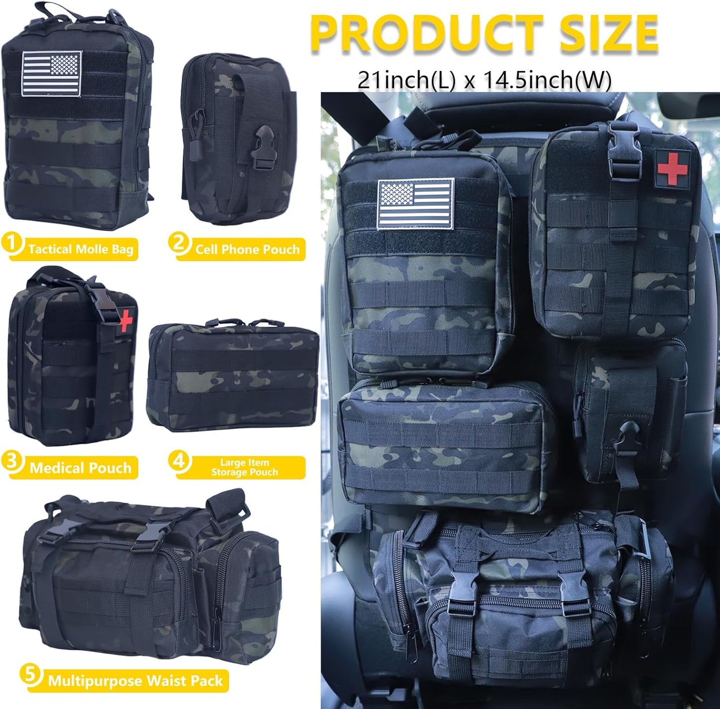 Universal Tactical Seat Back Organizer Vehicle Molle Panel Organizer Storage Bag with 5 Detachable Molle Pouch for All Vehicel Such as Jeep,Truck,SUV, Car, Ford,Chevy etc