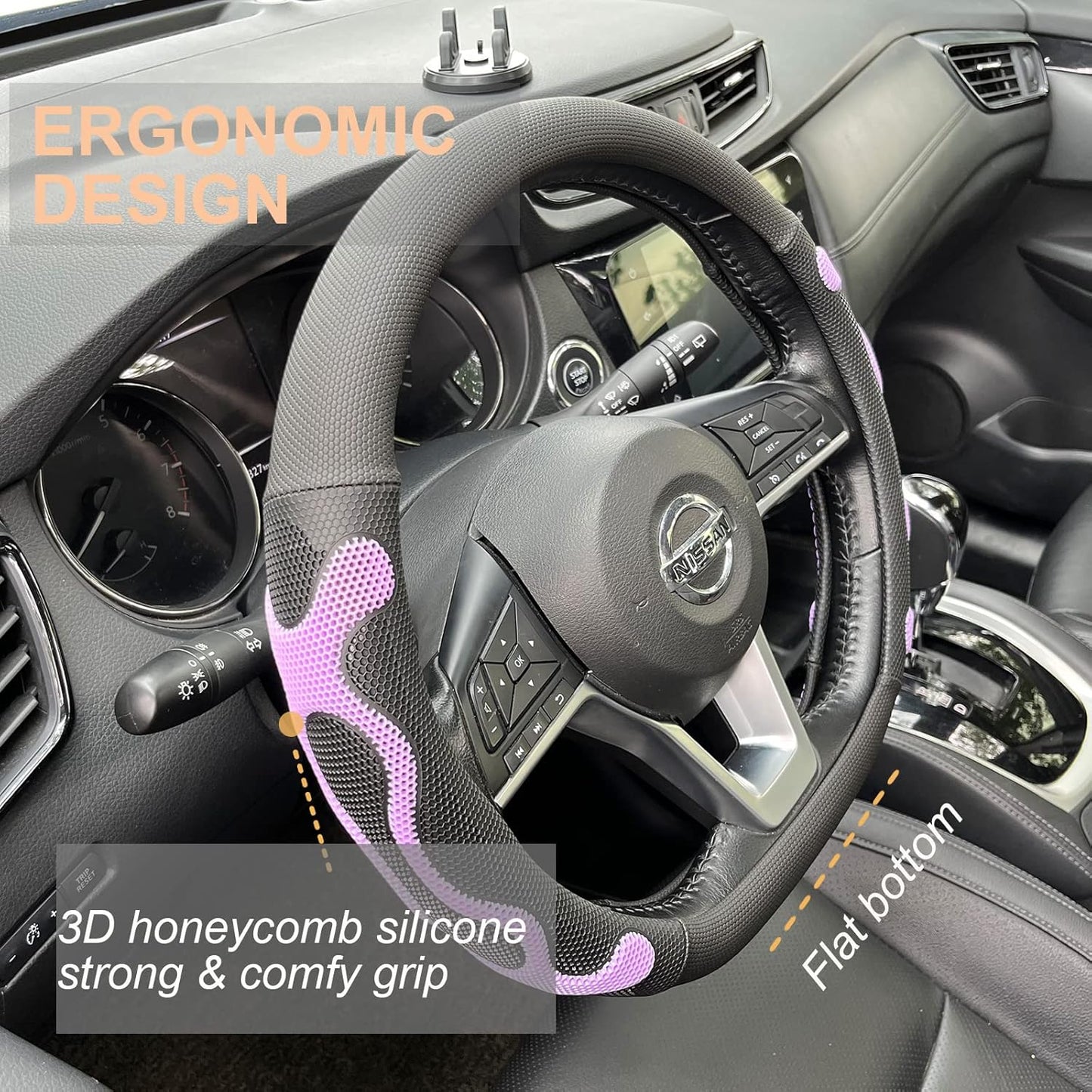 PINCTROT D Shaped Comfy Grip Steering Wheel Cover, Anti-Slip Design, Flat Bottom 14.5-15 Inch(Silicone Purple)