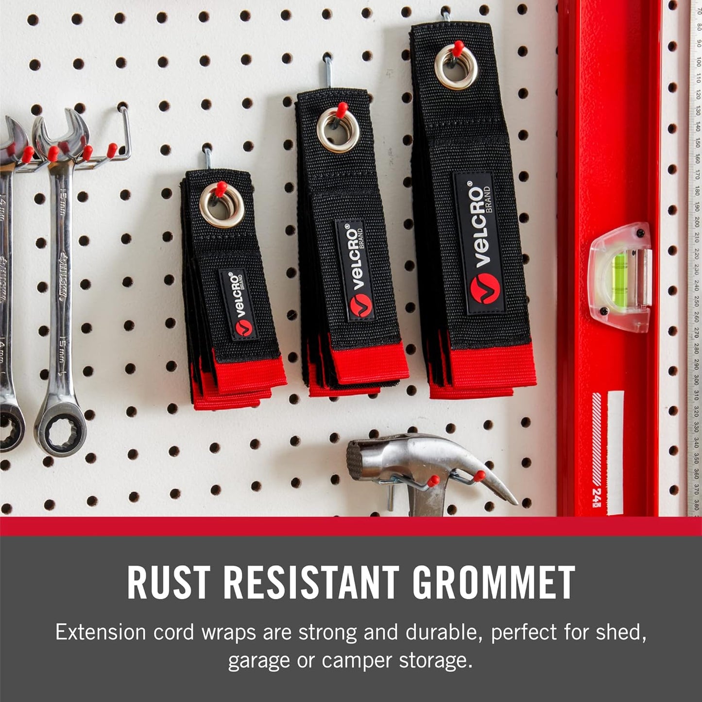 VELCRO Brand Easy Hang Extension Cord Organizer Holder | Large 18" Heavy Duty Straps for Garage Organization and Storage Grommet Hangs Easily on Wall Hooks or Nails 2pk, Holds 100bs, Black