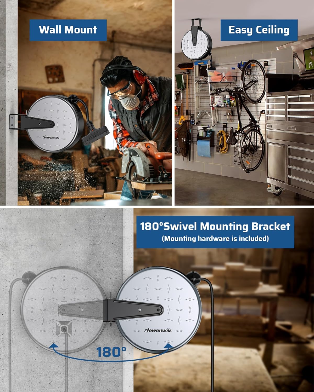 DEWENWILS Metal Extension Cord Reel,30FT Retractable Extension Cord, 16AWG/3C SJTW Power Cord, 3 Electrical Outlets, 10A Circuit Breaker, Wall or Ceiling Mountable for Workshop, Garage, UL Listed