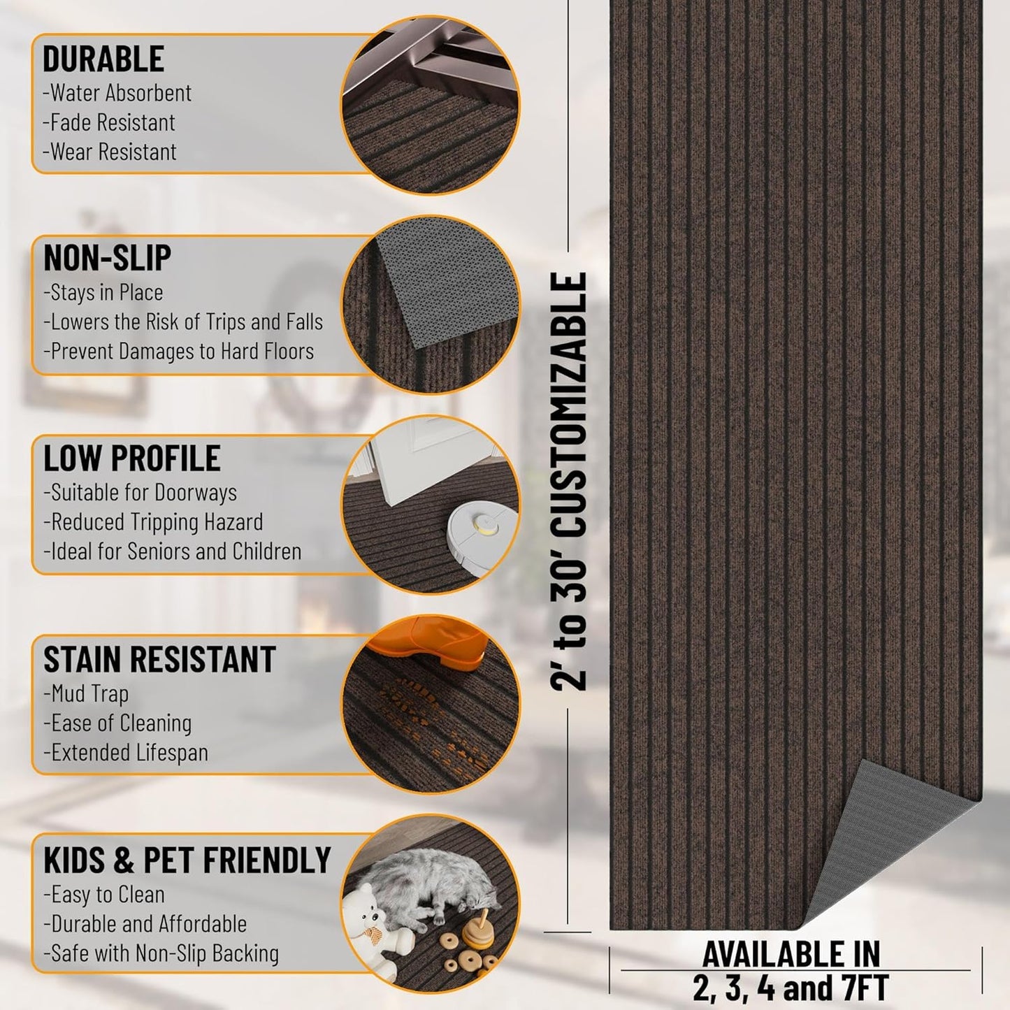 Ottomanson 2'7" x 35' Hallway Runner with Scraper Pile - Extra Durable Non-Slip Rug Mat for Indoor & Outdoor Use - Ideal for Kitchen, Entryway & Garage - High-Traffic Carpet, Brown