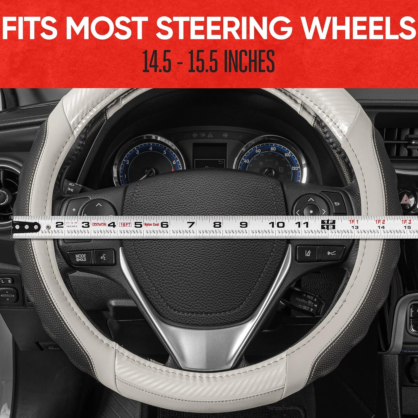 Motor Trend UltraSport White Carbon Fiber Steering Wheel Cover, Standard 15 inch Size, Black Faux Leather Comfort Grip, Car Steering Wheel Cover for Auto Truck Van SUV