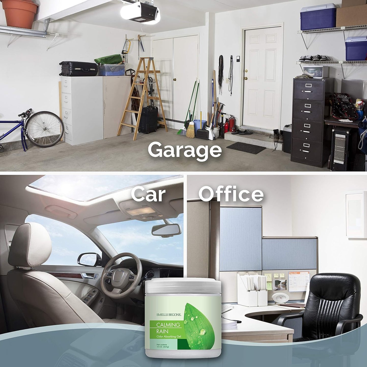 SMELLS BEGONE Air Freshener Odor Absorber Gel - 15 oz, Pack of 2 - Absorbs and Eliminates Odor in Pet Areas, Bathrooms, Cars, & Boats - Made with Essential Oils - Calming Rain Scent