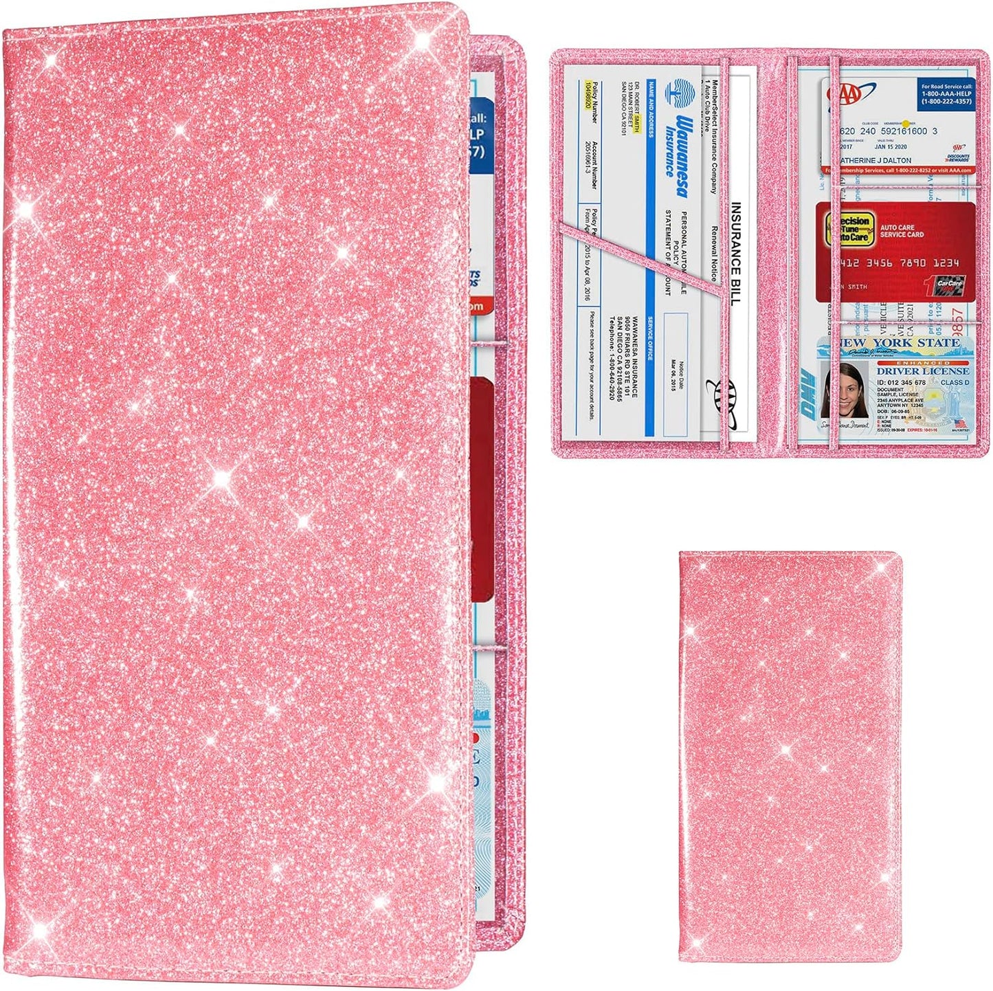 TOURSUIT Car Registration and Insurance Card Holder, Vehicle License Document Glove Box Compartment Organizer, Interior Car Accessories for Women Men Teens (Glitter Pink)