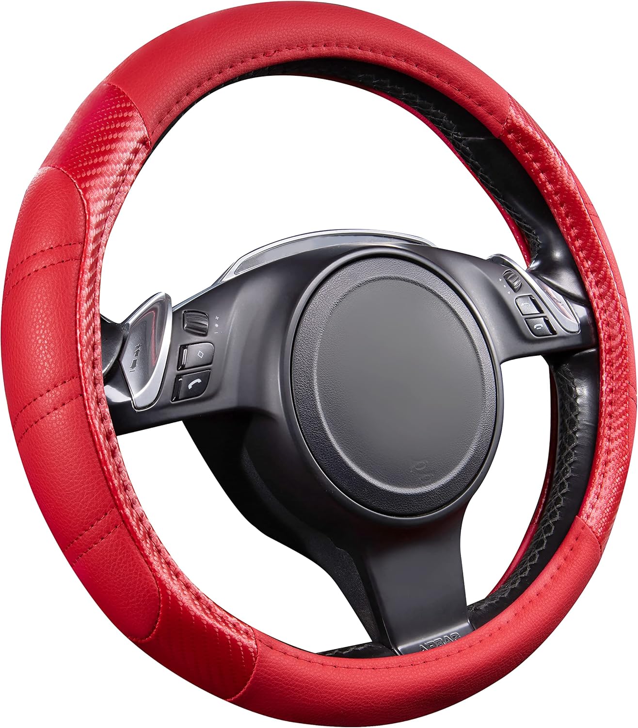 CAR PASS Line Rider Microfiber Leather Sporty Steering Wheel Cover 14.5-15 inch Universal Fits for 95% Truck,SUV,Cars, Anti-Slip Safety Comfortable Desgin (Red-Carbon Fiber)