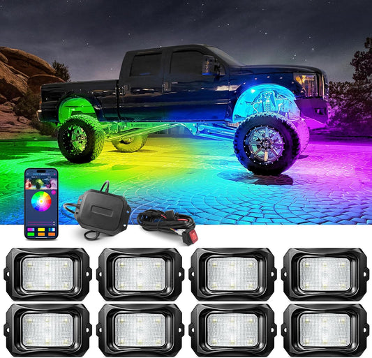 MICTUNING C2 Max RGB+IC Chasing Color LED Rock Lights - 8 Pods Underglow Lighting Kit, Dynamic Lighting Modes, Extensible Up to 24 Pods with Stable APP Control, IP68 Waterproof, DIY Effect