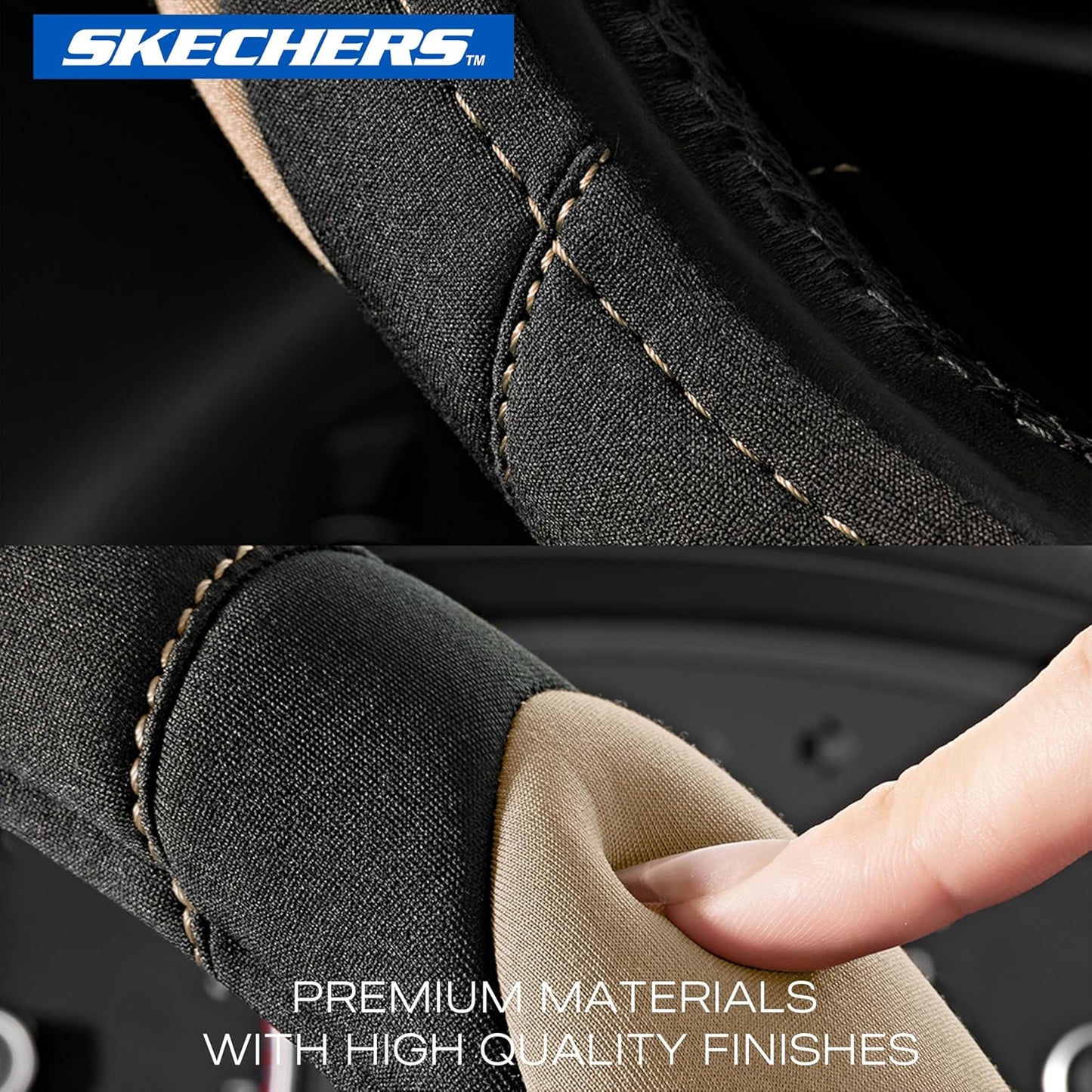 Skechers Steering Wheel Cover,Memory Foam Car Steering Wheel Cover,14.5-15inch Anti-Slip Safety Comfortable Desgin, Universal Accessory for Diverse Cars, Truck,SUV (Black & Beige)