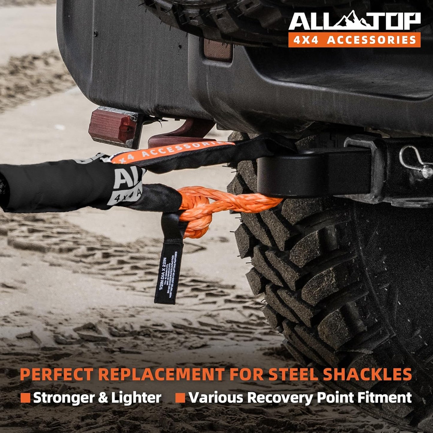 ALL-TOP Synthetic Soft Shackle Rope 1/2in x 22in (48300Lbs Max Break) UHMWPE Recovery Tow Shackles for Offroad 4x4 Vehicles, 2 PCS