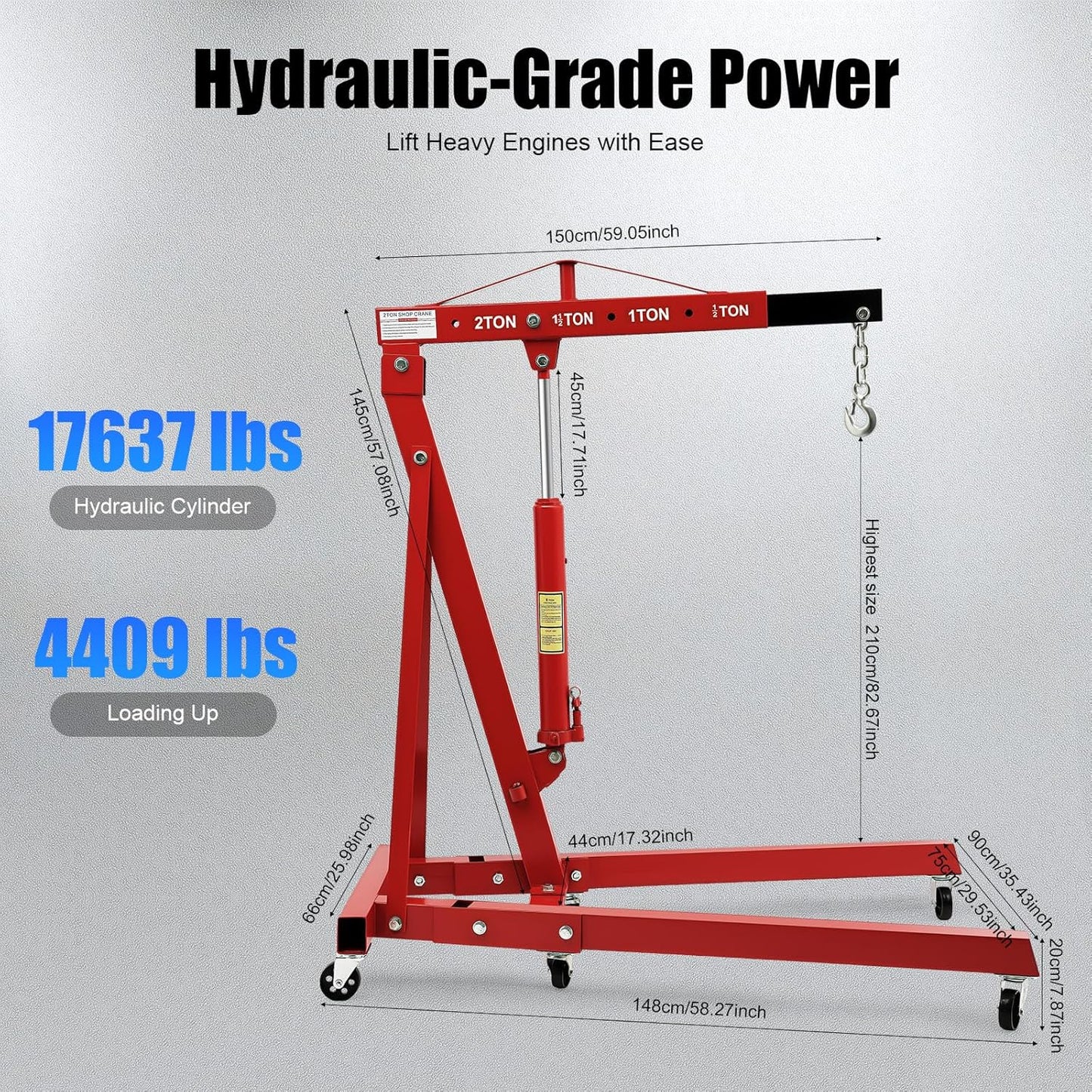 Folding Engine Hoist 1 Ton Engine Crane Lift with 6 Caster Wheels 2200LBS Steel Hydraulic Engine Crane 4 Adjustable Positions for Car Fixing Workshops Garages Warehouse(Sent in 2 Packages)