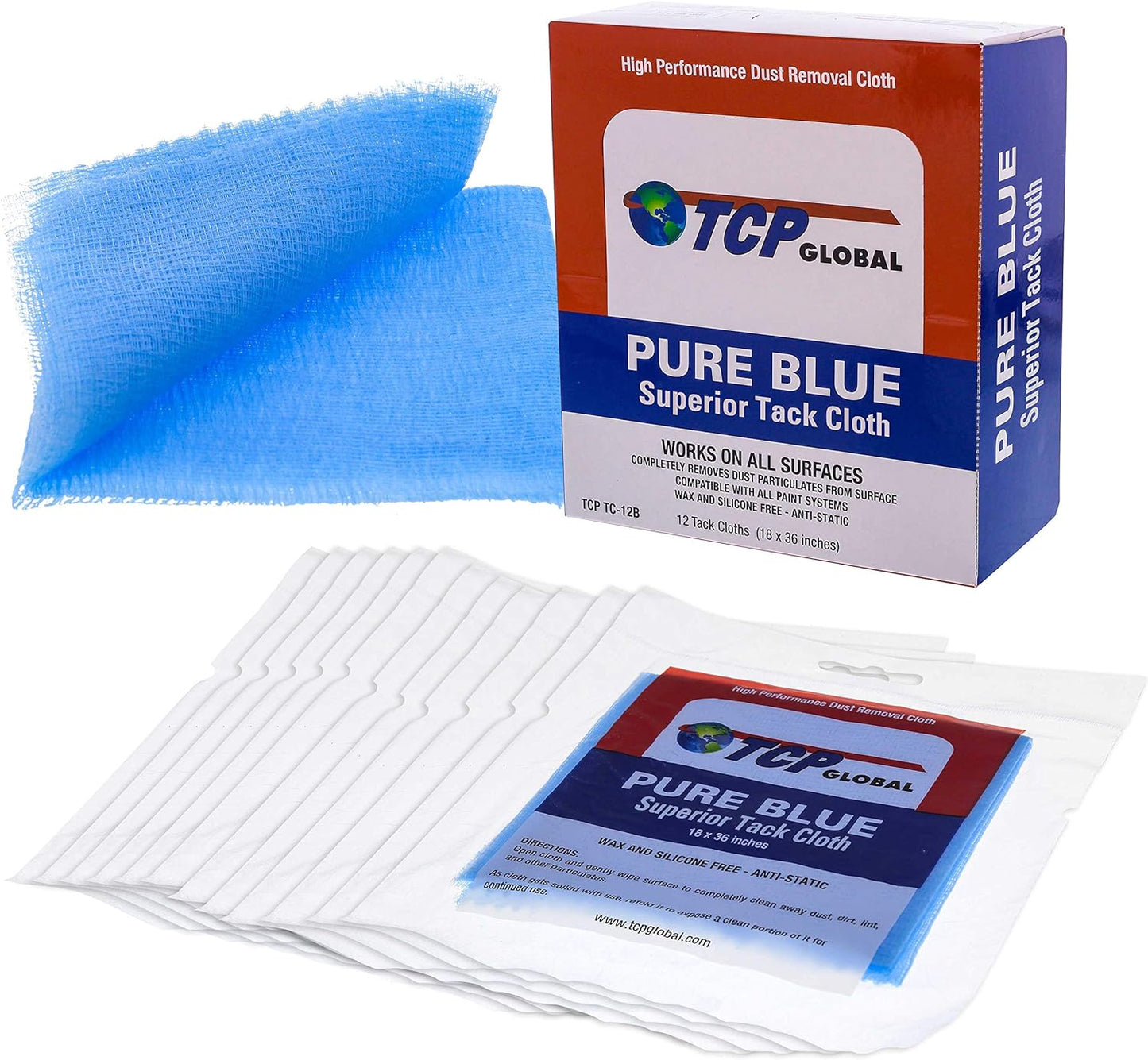 TCP Global Pure Blue Superior Tack Cloth, 12-Pack, Automotive & Woodworking, Dust/Stain/Paint Rags, Tac Cloth for Autobody