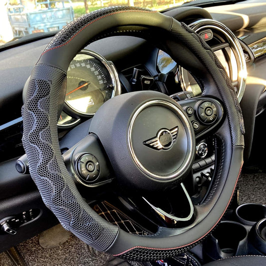 PINCTROT Small Size Steering Wheel Cover Great Grip with 3D Honeycomb Anti-Slip Design, 14 Inch (Black/Red Stitch)