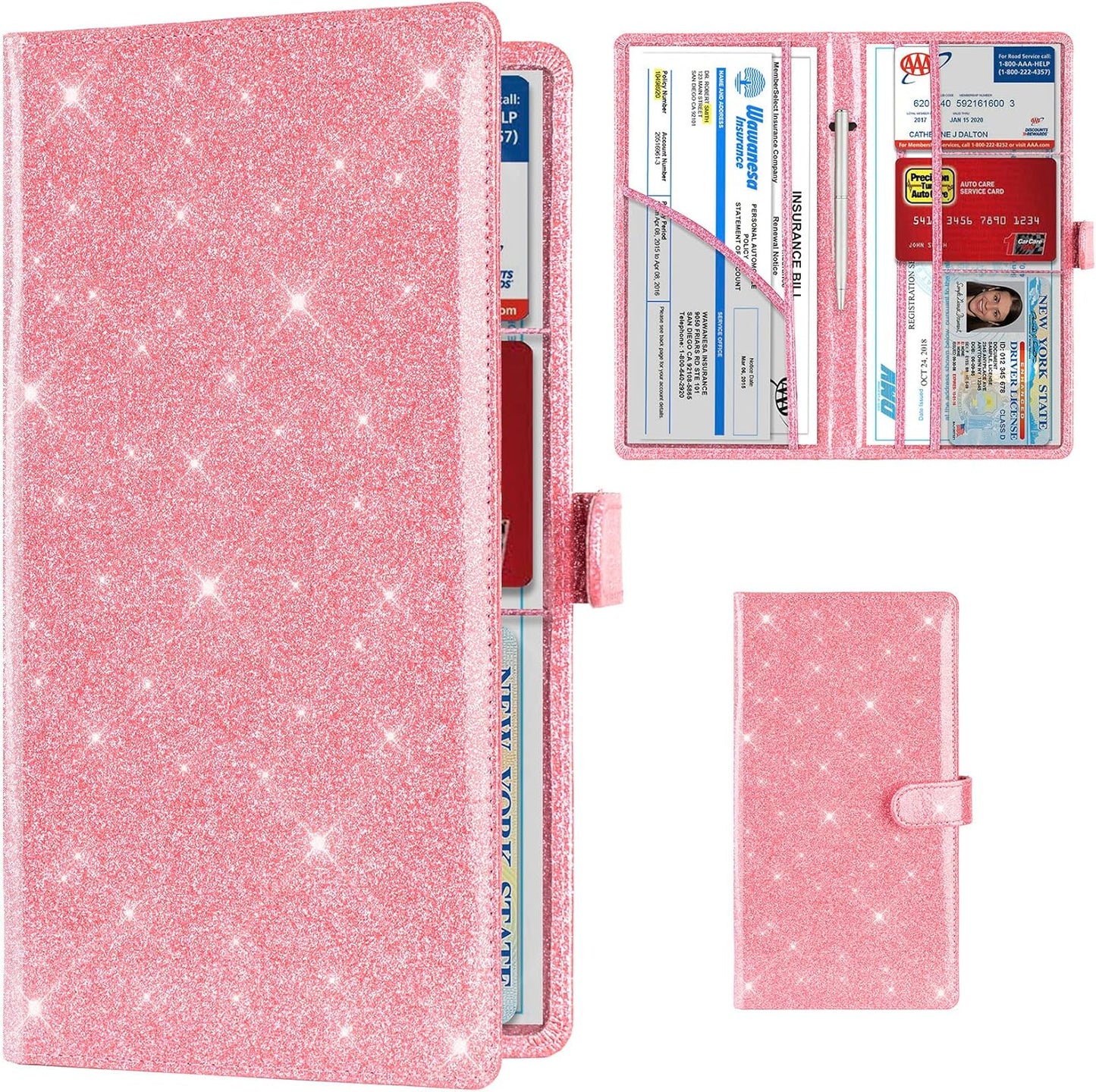 TOURSUIT Car Registration and Insurance Card Holder, Vehicle License Document Glove Box Compartment Organizer, Interior Car Accessories for Women Men (Glitter Pink)