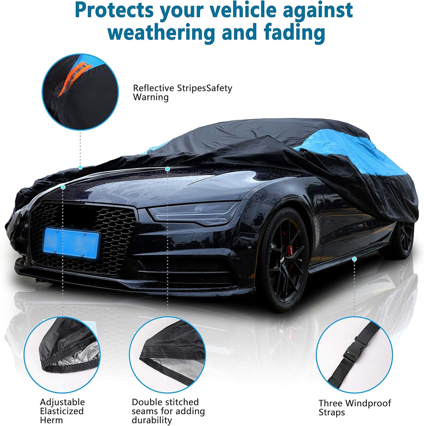 MORNYRAY Waterproof Car Cover All Weather Snowproof UV Protection Windproof Outdoor Full car Cover, Universal Fit for Sedan (Blue, A8-Fit Sedan Length(226-235 inch)