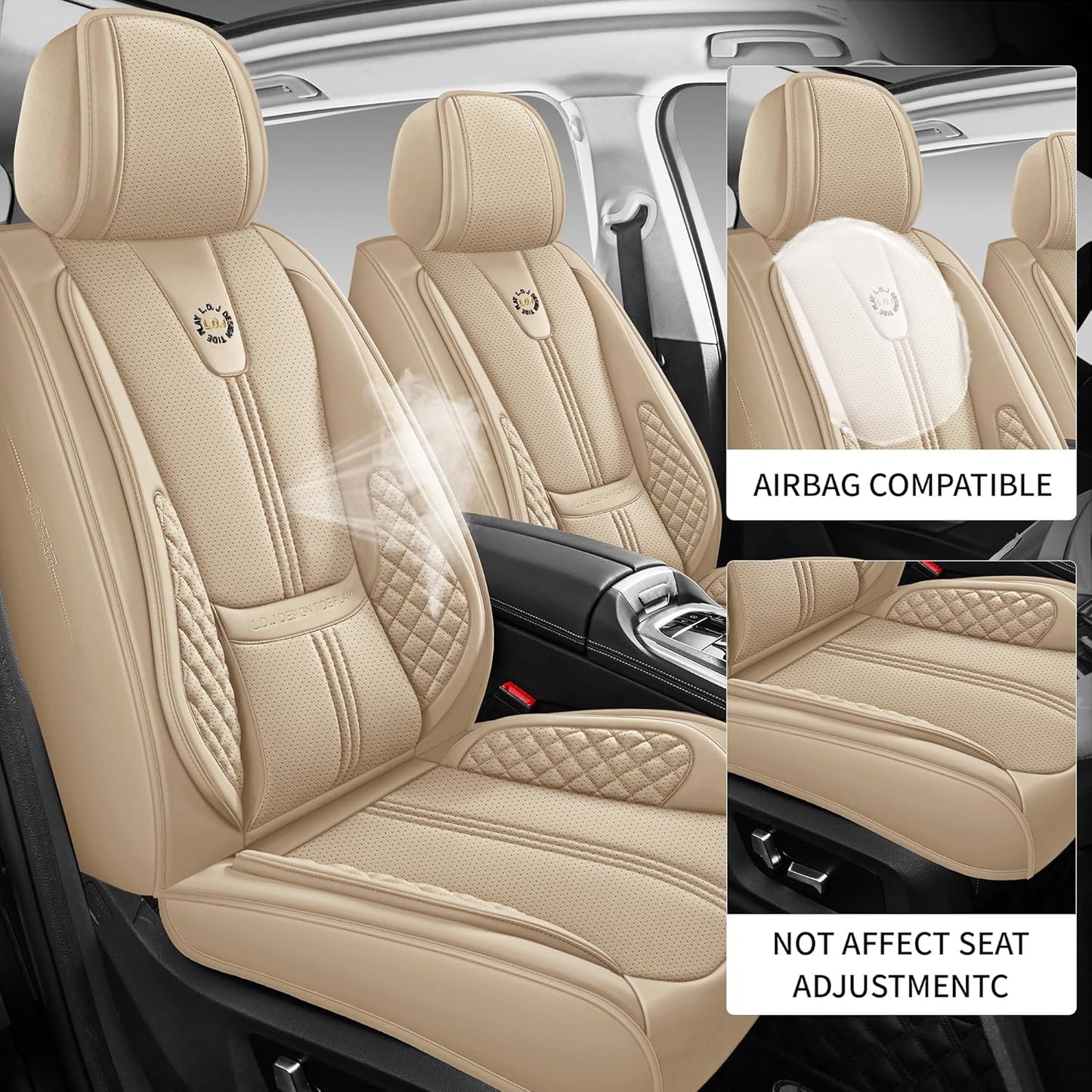 Car Seat Covers Front Only, Black Seat Cover for Cars Compatible Airbag, Easy Install Luxury Leather Automotive Seat Covers with Lumbar Support, for Car, Truck, SUV, Beige