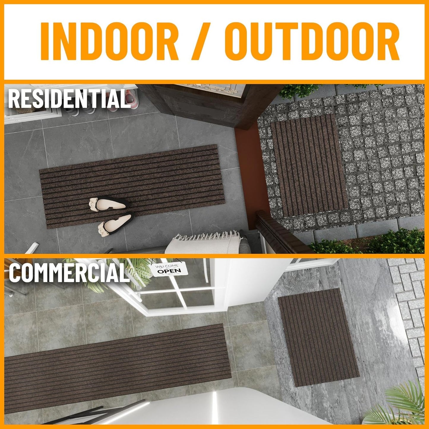 Ottomanson 2'7" x 22' Hallway Runner with Scraper Pile - Extra Durable Non-Slip Rug Mat for Indoor & Outdoor Use - Ideal for Kitchen, Entryway & Garage - High-Traffic Carpet, Brown