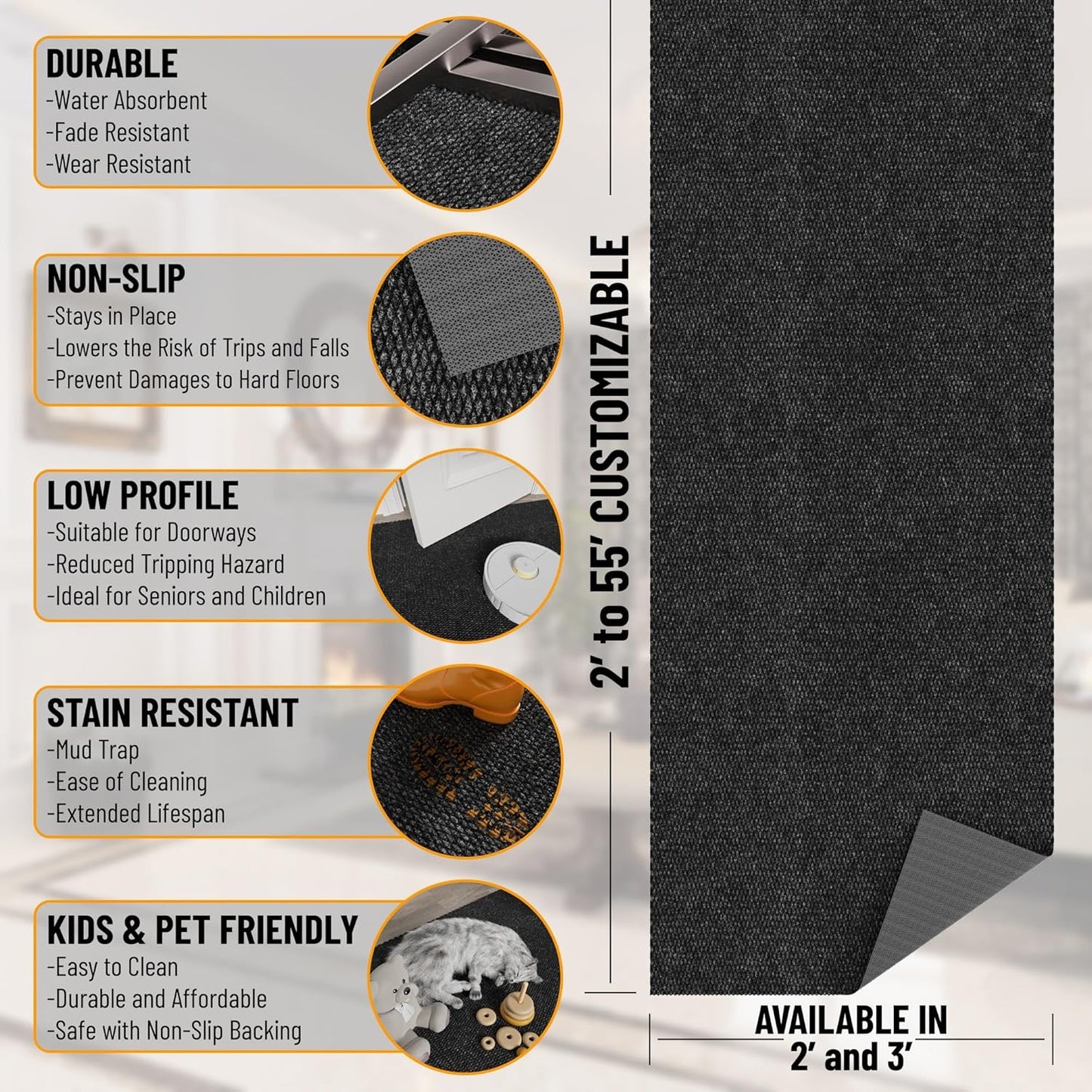 Ottomanson 2' x 53' Hallway Runner with Scraper Pile Extra Durable Non-Slip Rug Mat for Indoor & Outdoor Use - Ideal for Kitchen, Entryway, Patio & Garage - High-Traffic Carpet, Black