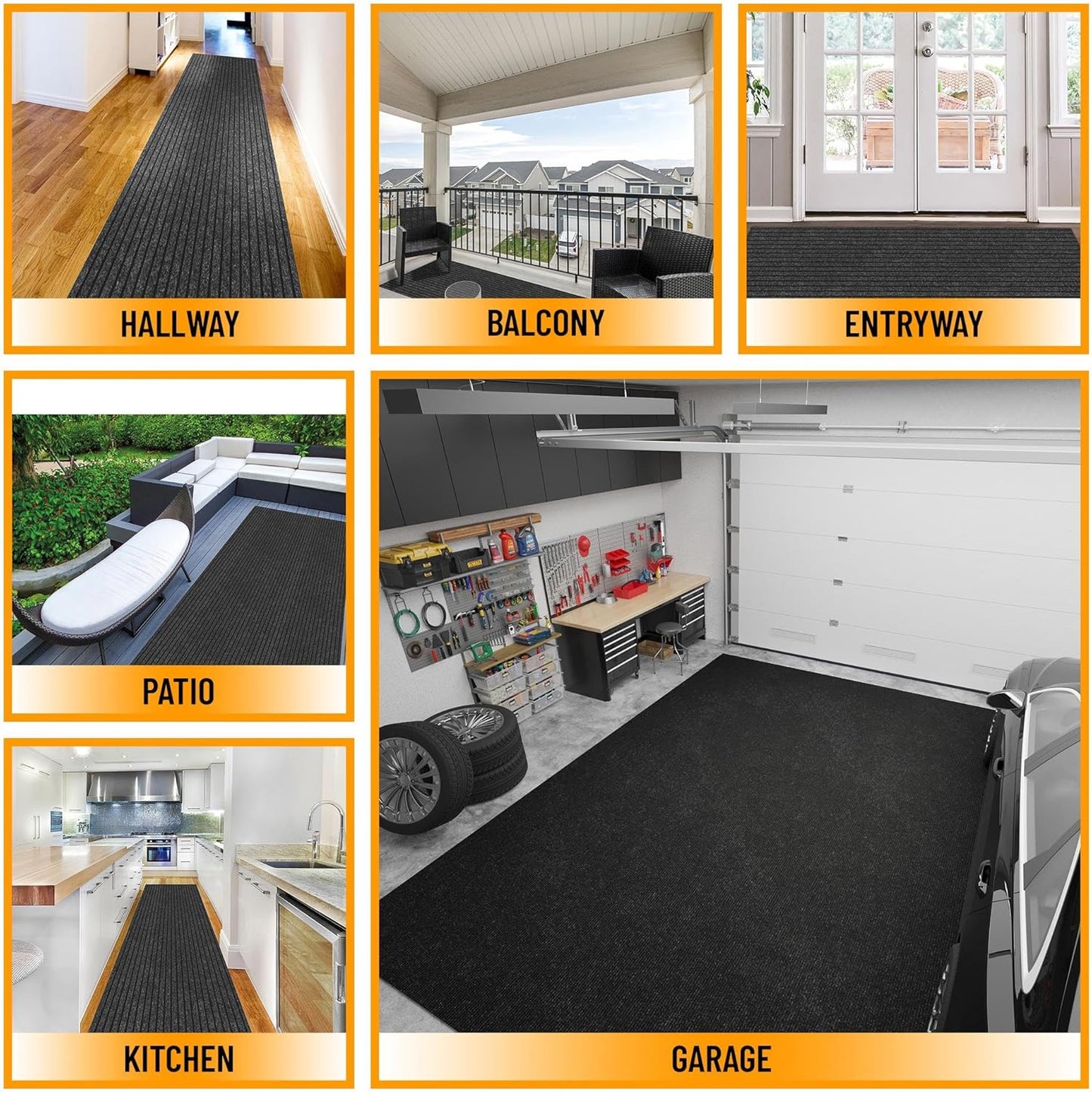 Ottomanson 2' x 8' Hallway Runner with Scraper Pile Extra Durable Non-Slip Rug Mat for Indoor & Outdoor Use - Ideal for Kitchen, Entryway, Patio & Garage - High-Traffic Carpet, Black