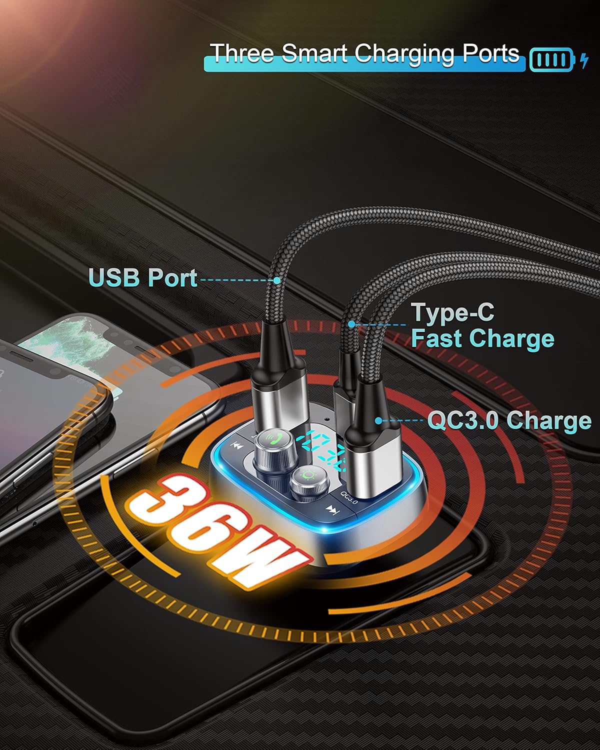 LIHAN USB C Bluetooth Adapter for Car, AUX Wireless FM Radio Transmitter, Handsfree Calling & Audio Receiver, MP3 Music Player, QC3.0 & Type-C PD USB Charger,7 Colors LED Backlit