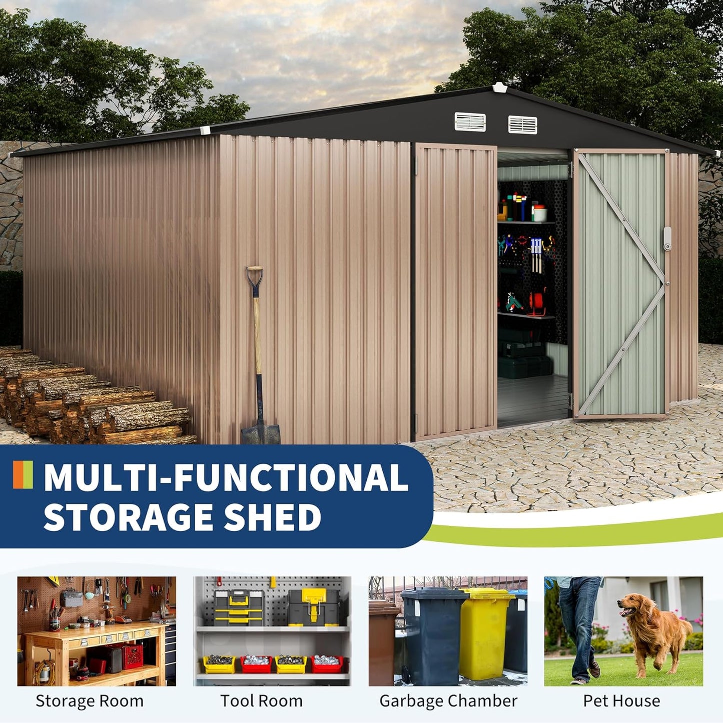 10x12x6.4 FT Outdoor Storage Sheds with Floor, Metal Garden Tool Shed for Backyard, Large Metal Sheds Outdoor Storage With Lockable Doors & Air Vents for Backyard Garden Patio Lawn