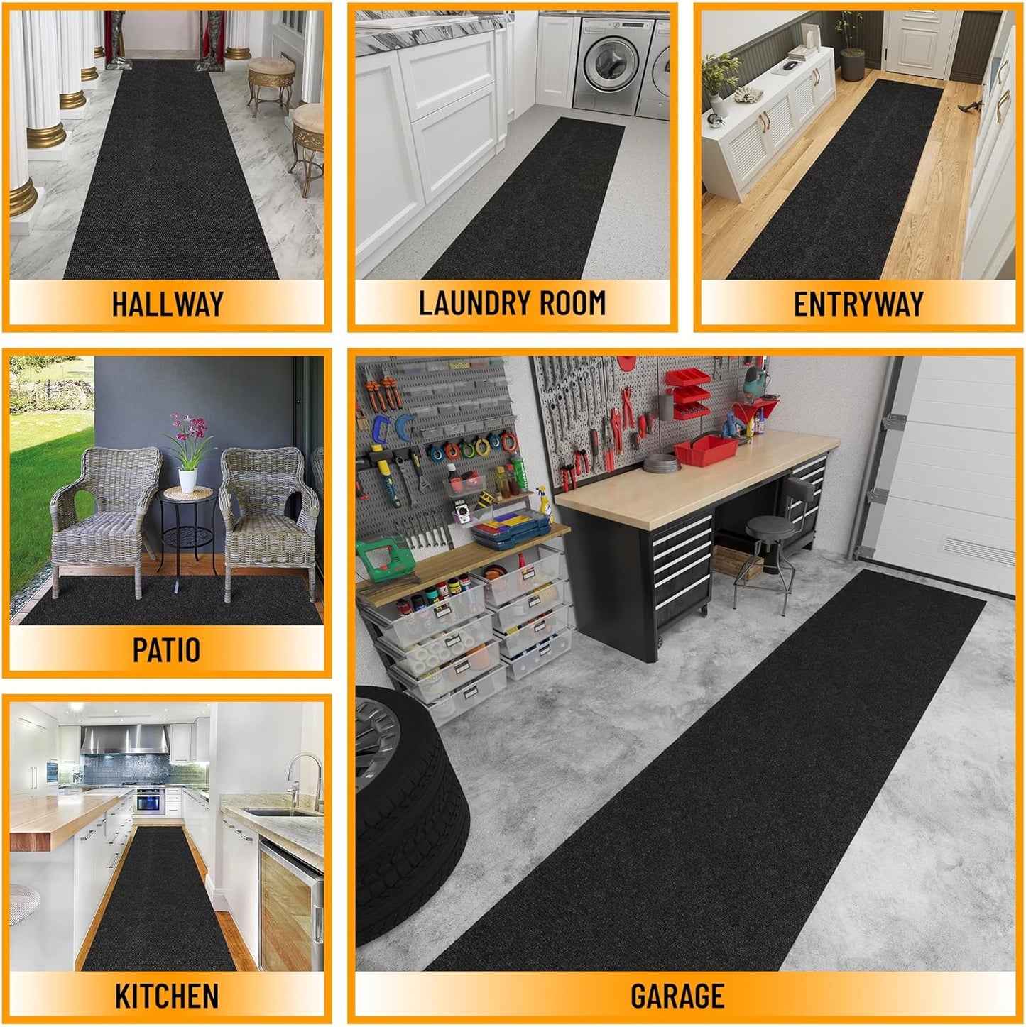Ottomanson 2' x 55' Hallway Runner with Scraper Pile Extra Durable Non-Slip Rug Mat for Indoor & Outdoor Use - Ideal for Kitchen, Entryway, Patio & Garage - High-Traffic Carpet, Black